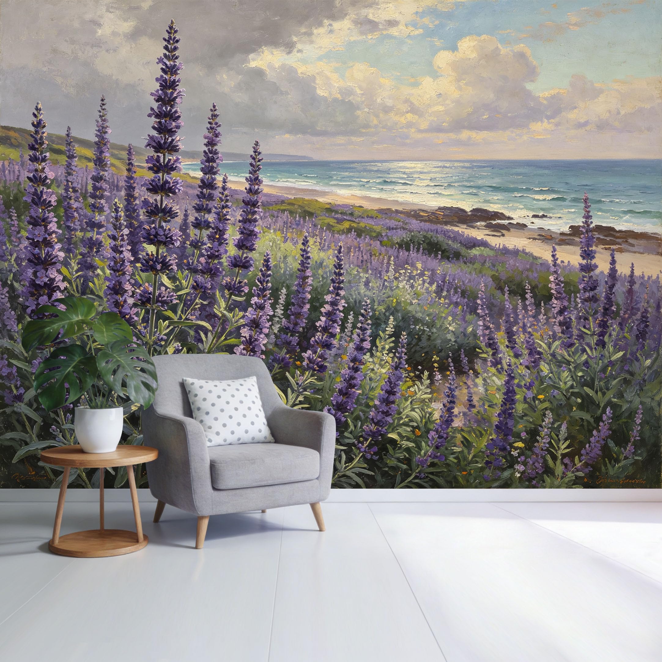 Custom Size Wall Mural Coastal Lavender Field Ocean Landscape Watercolor Style SelfAdhesive Wall Fabric Removable Wallpaper for Home Office Decor