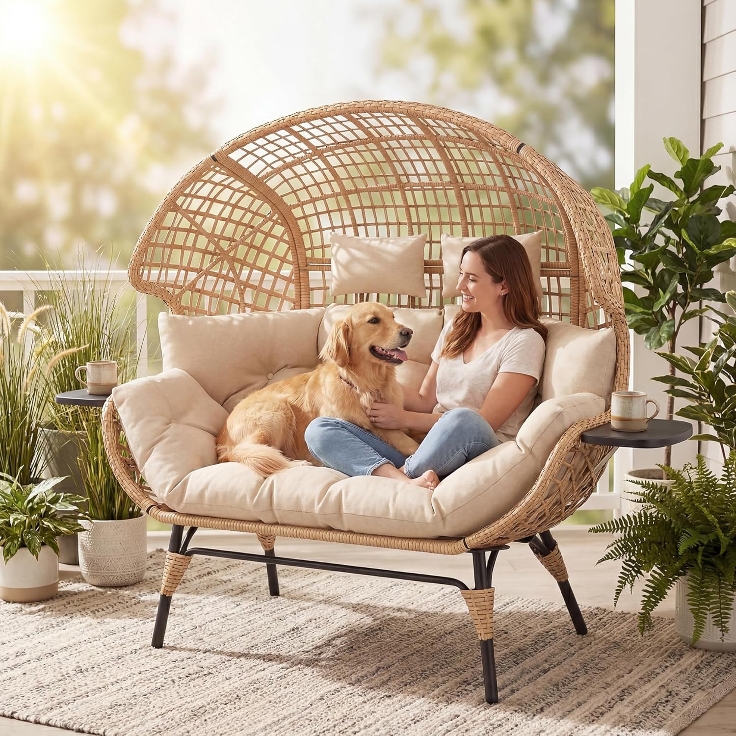 Double Wicker Egg Chair Outdoor Indoor - 2-Person Oversized Loveseat with 8" Thickened Paded Cushion - 700 lbs Weight Capacity Patio Lounge Chair for Balcony Porch Backyard (Beige Square)