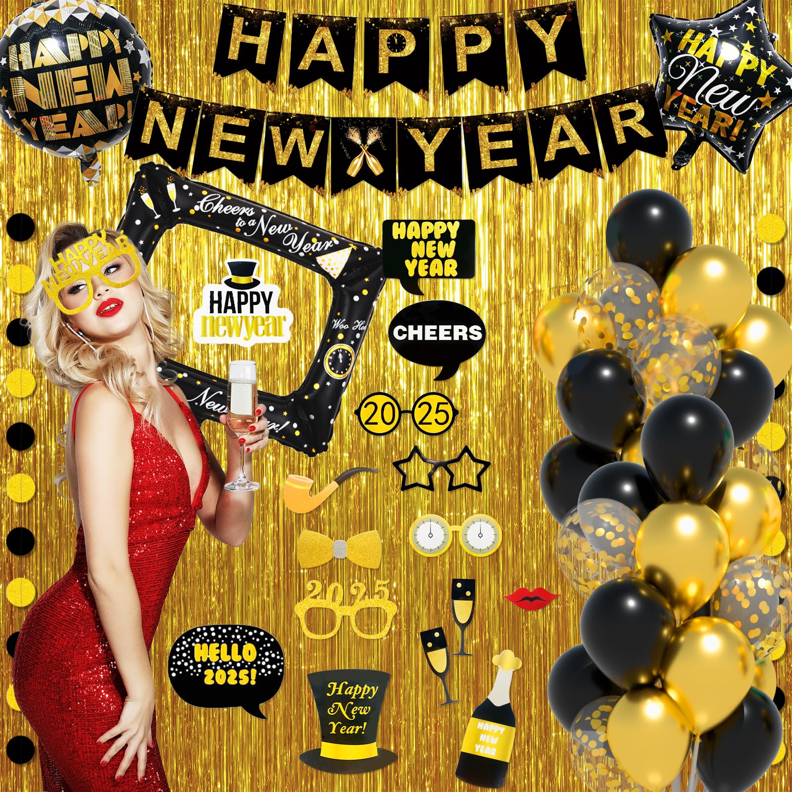 Happy New Year Decorations 2025 - Eve Party Supplies With Glitter Fringe Curtain, Balloons, Banner, Photo Booth Props & Dots Garlands