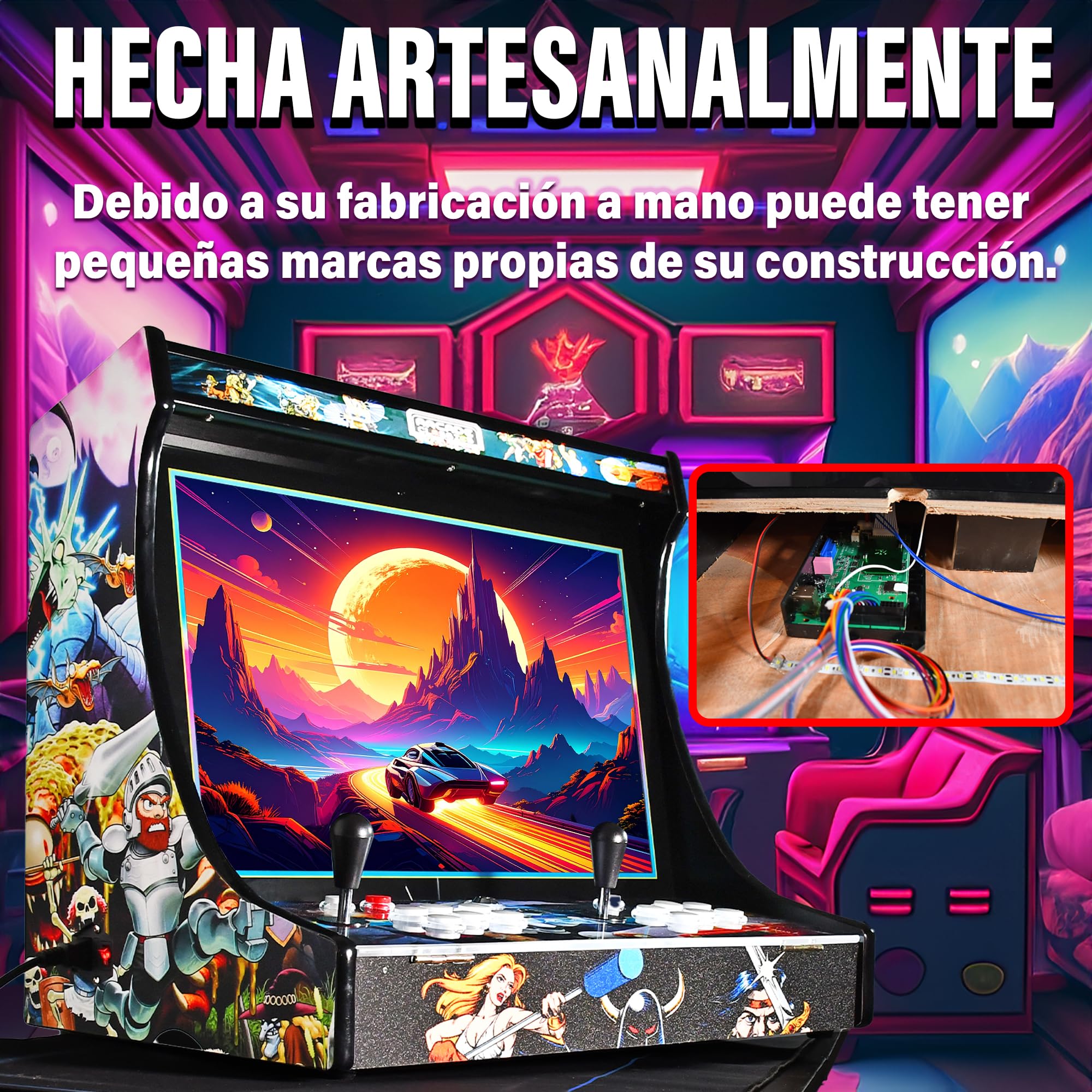 Máquina Arcade Retro 22" con Pantalla HD | 2 Jugadores | 6 Botones por Jugador | Modo Free Play o Monedero | Altavoz Integrado | Marquesina LED | Mueble Arcade Hecho a Mano