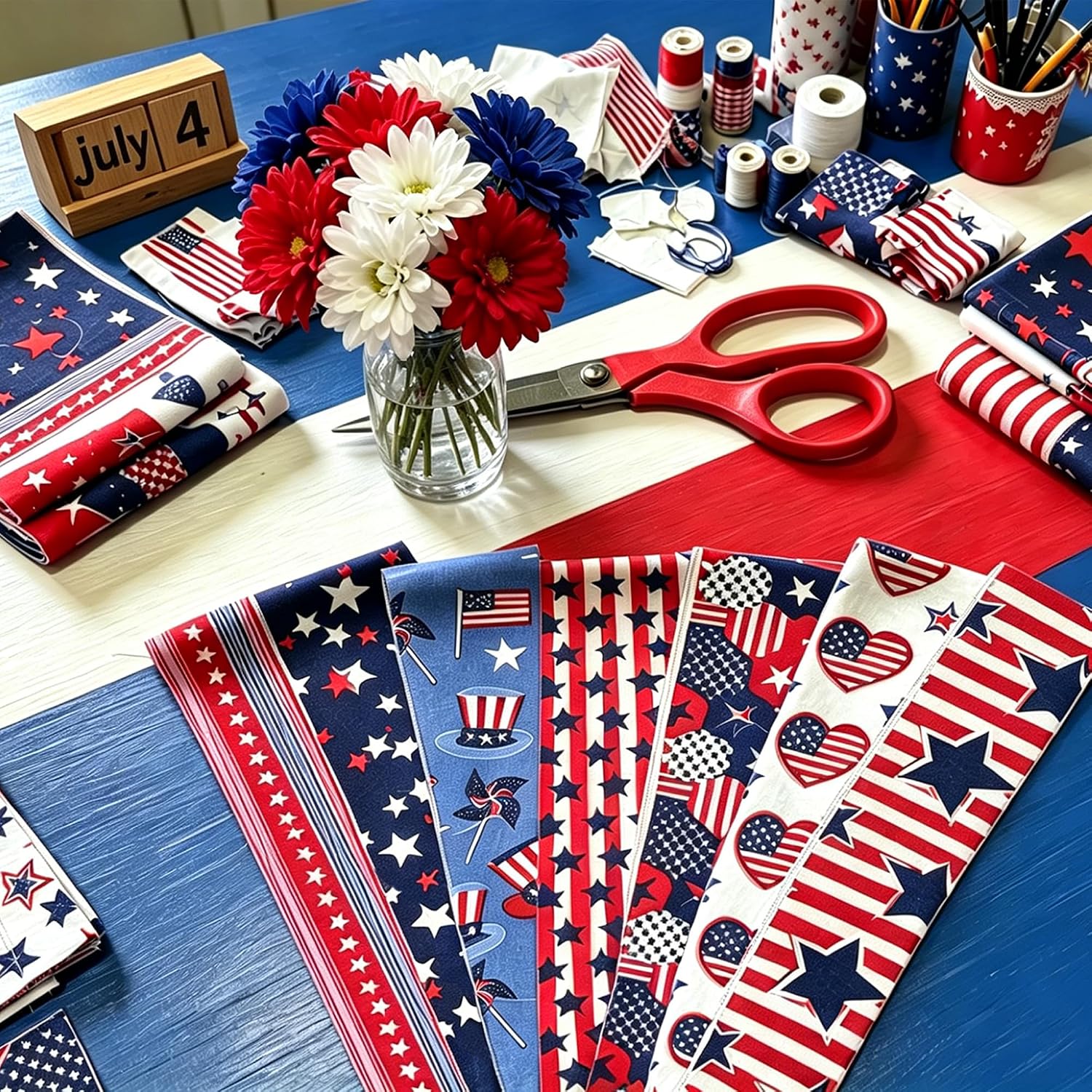 40 Pcs 2.6 x 40'' Jelly Roll Fabric for 4th of July, Patriotic Quilting Fabric Roll, Red White Blue Star Precut Strips Patchwork for Memorial Day Quilting Cloth Sewing DIY Craft, 20 Styles