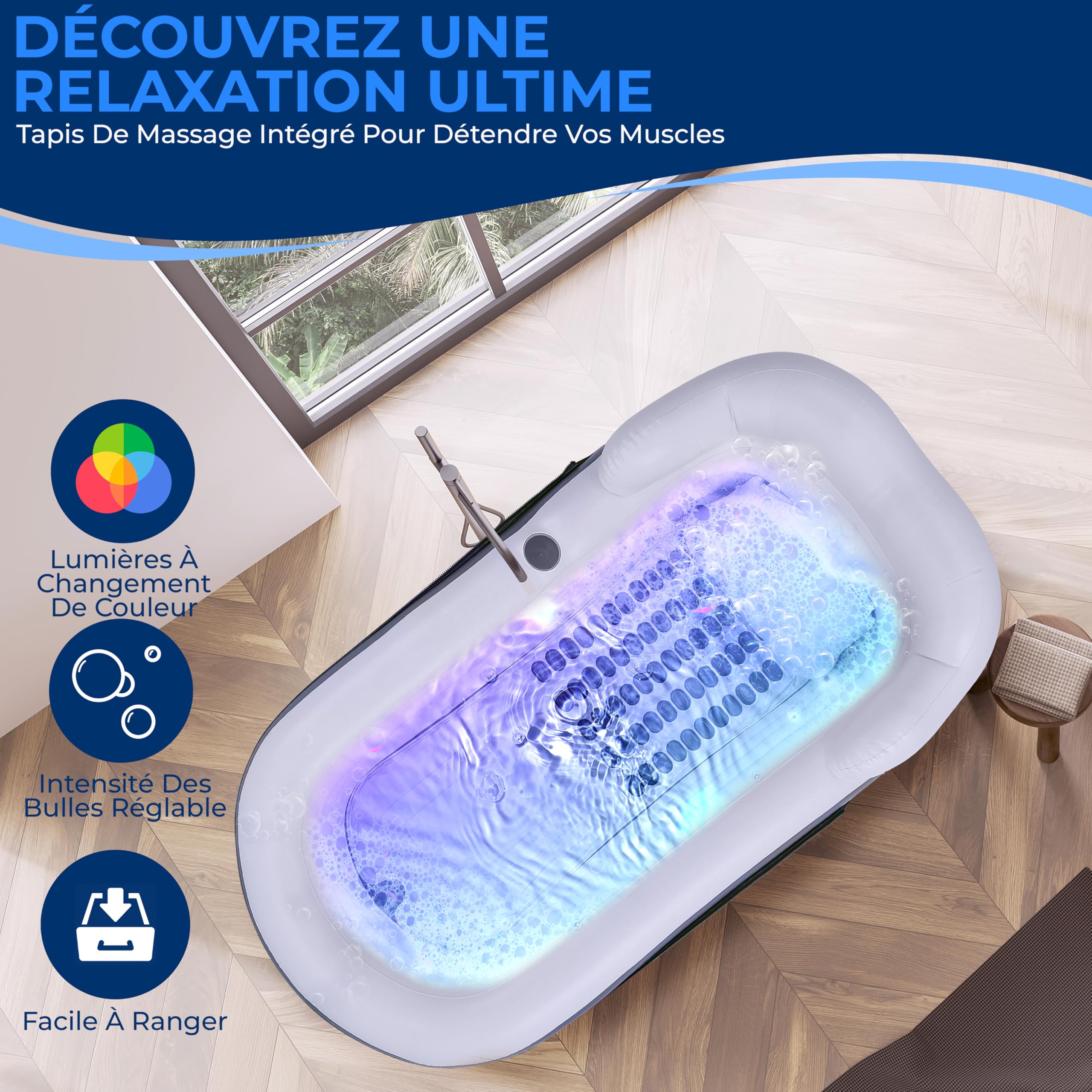 SereneLife Baignoire de Spa avec Tapis de Massage à Bulles, Baignoire Gonflable avec Coussin, Porte-Gobelet, Télécommande pour Éclairage LED, Dossier et Accoudoirs, Convient jusqu'à 86 kg