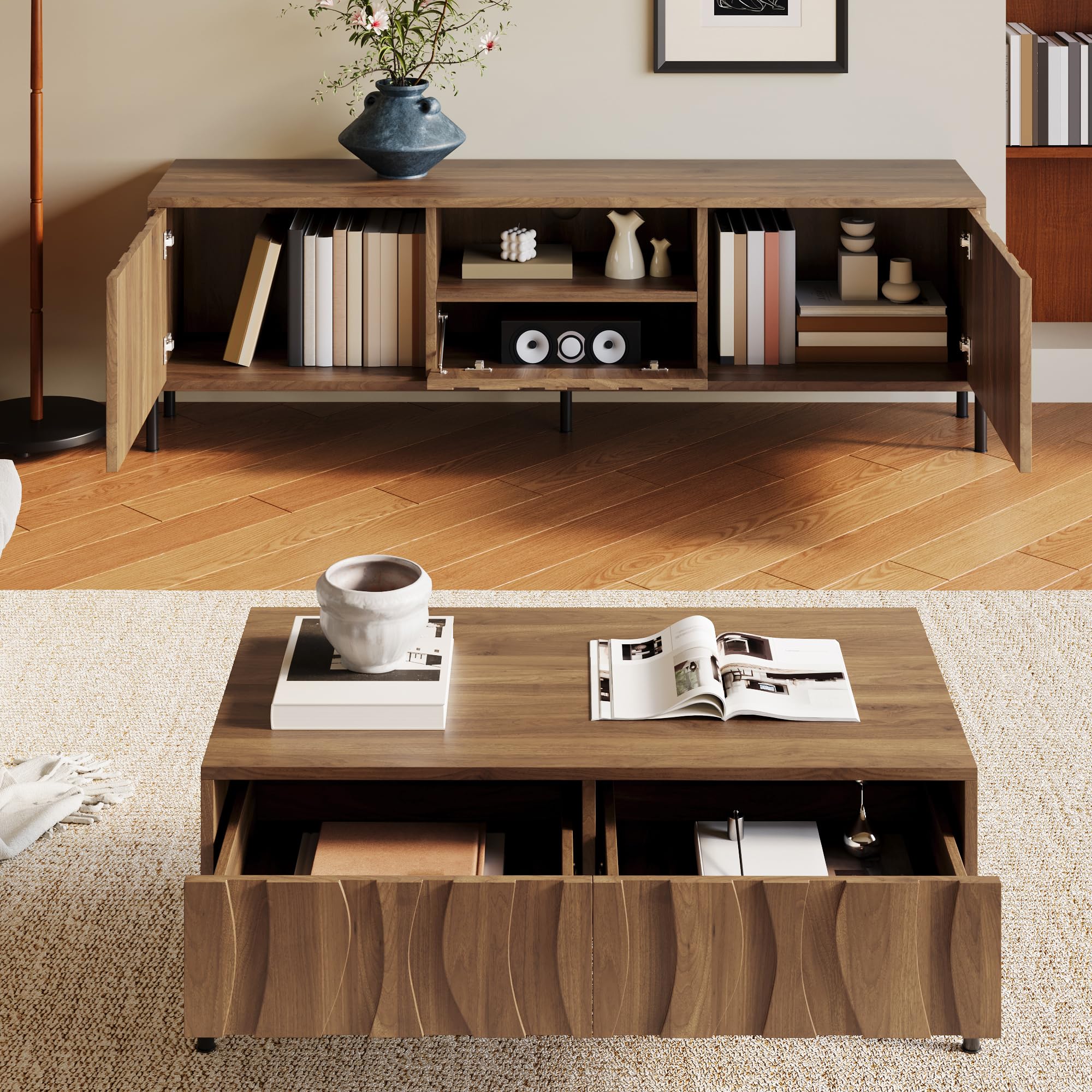 Kebnor Mesa de centro y soporte de TV combinación de madera maciza con patrón ondulado, juego de almacenamiento con grano de madera natural, muebles de almacenamiento artístico para el salón