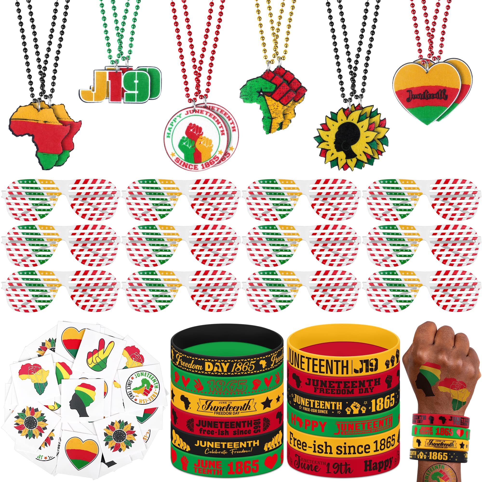 Hiwooii 96 Pieces Happy Juneteenth Party Favors Set Juneteenth Rubber Bracelets Beaded Necklaces Glasses and Tattoos Juneteenth Accessories for Black American Independence Day, Freedom Day Party Decor