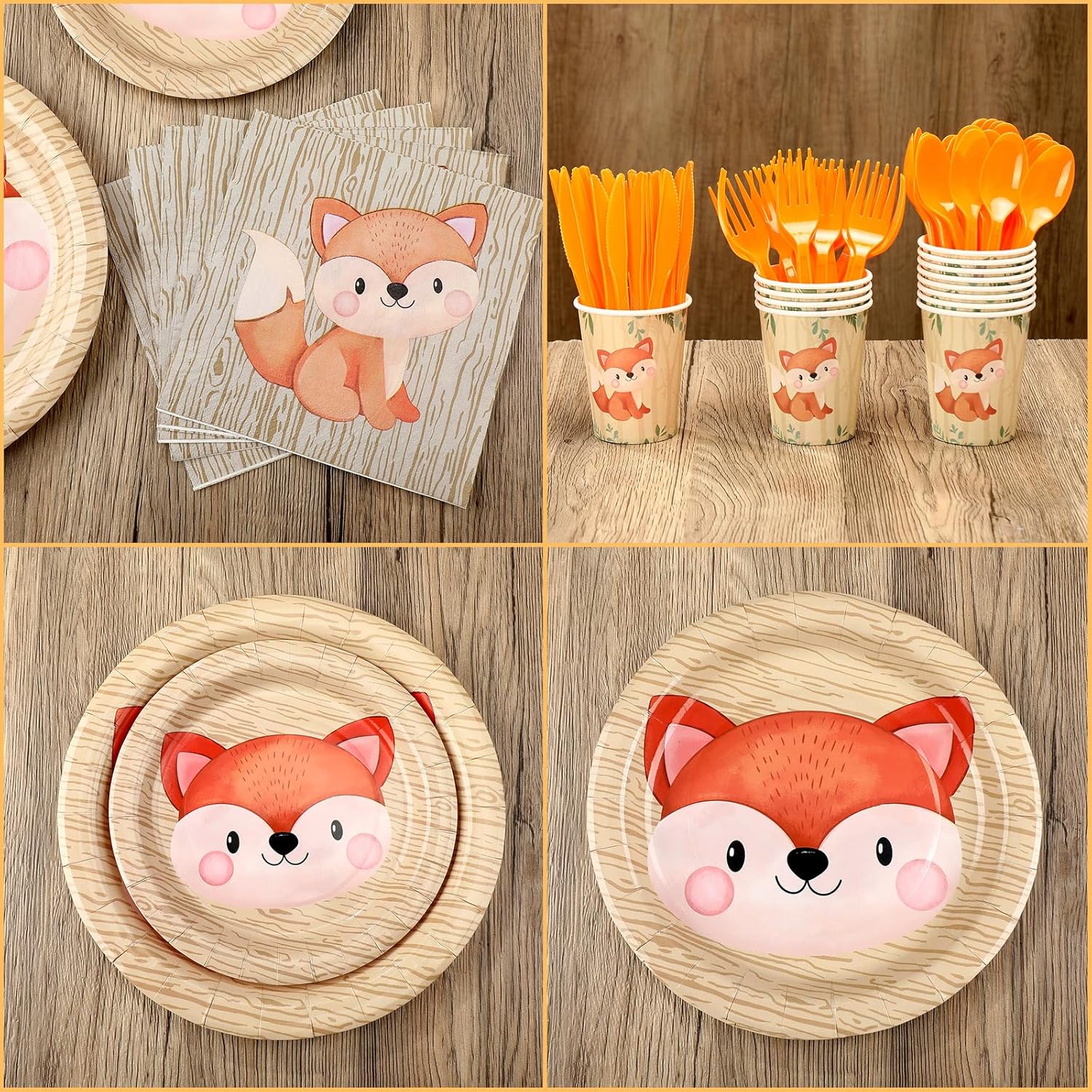 Outus 224 Pcs Fox Theme Birthday Party Decorations Fox Party Supplies Include animal Theme Banner Balloons Cake Topper Paper Table Cover Tableware Set