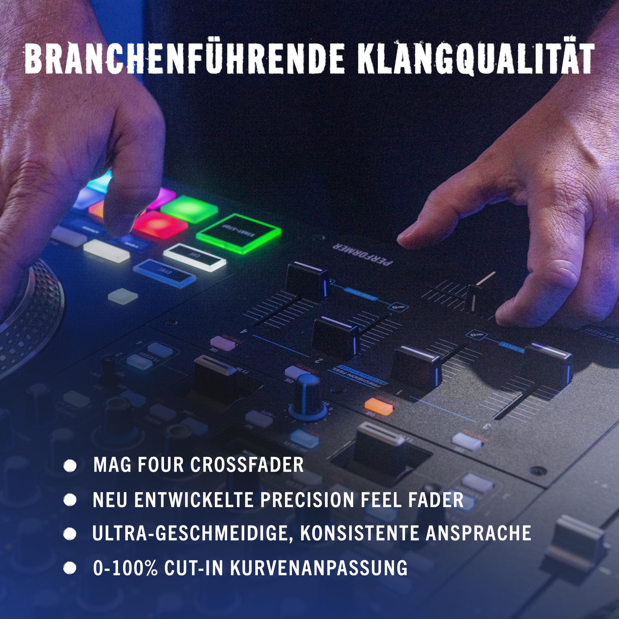 RANE PERFORMER 4-Kanal Pult, Motorisierter DJ Controller, 7-Zoll Platters mit Displays, Precision Feel Fader, Stem-Split, Serato DJ Pro Freischaltung