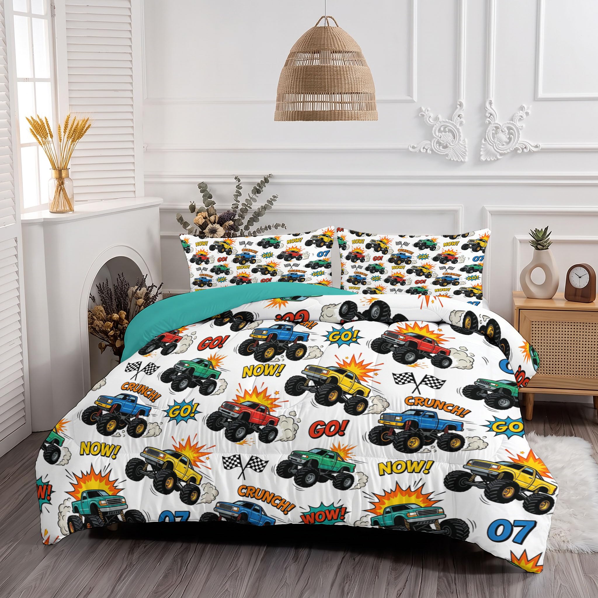 Juego de Edredón Infantil 200x200cm con Almohada para Cama 105 – Relleno Nórdico Vehículo Todoterreno Bigfoot Edredones Estilo Callejero Americano 4 Estaciones Nórdico Conforter, Azul Verdoso