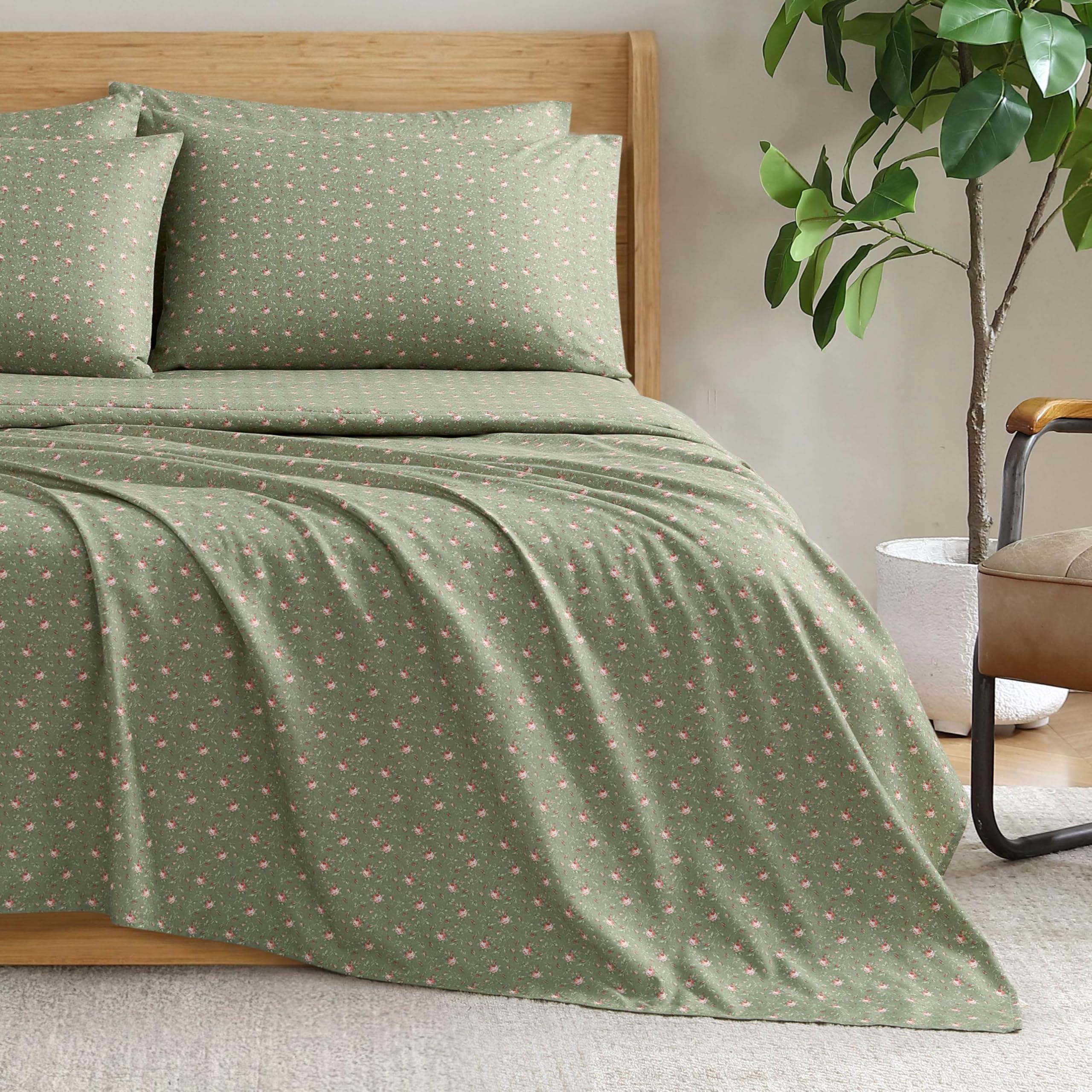 Jessica Simpson Cottage Rose Microfiber Sheet Set with Extra Pillowcases, Soft Lightweight 100% Polyester Bedding, Sage Green, Twin