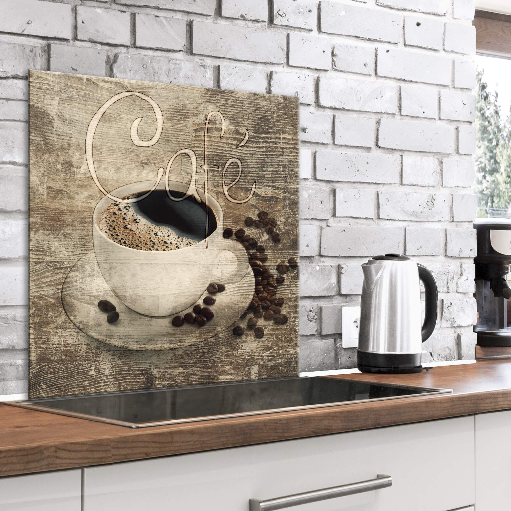 murando Spritzschutz Glas für Küche 60x60 cm Küchenrückwand Küchenspritzschutz Fliesenschutz Glasbild Dekoglas Küchenspiegel Glasrückwand Holz Bretter Kaffee Coffee Vintage Retro -
