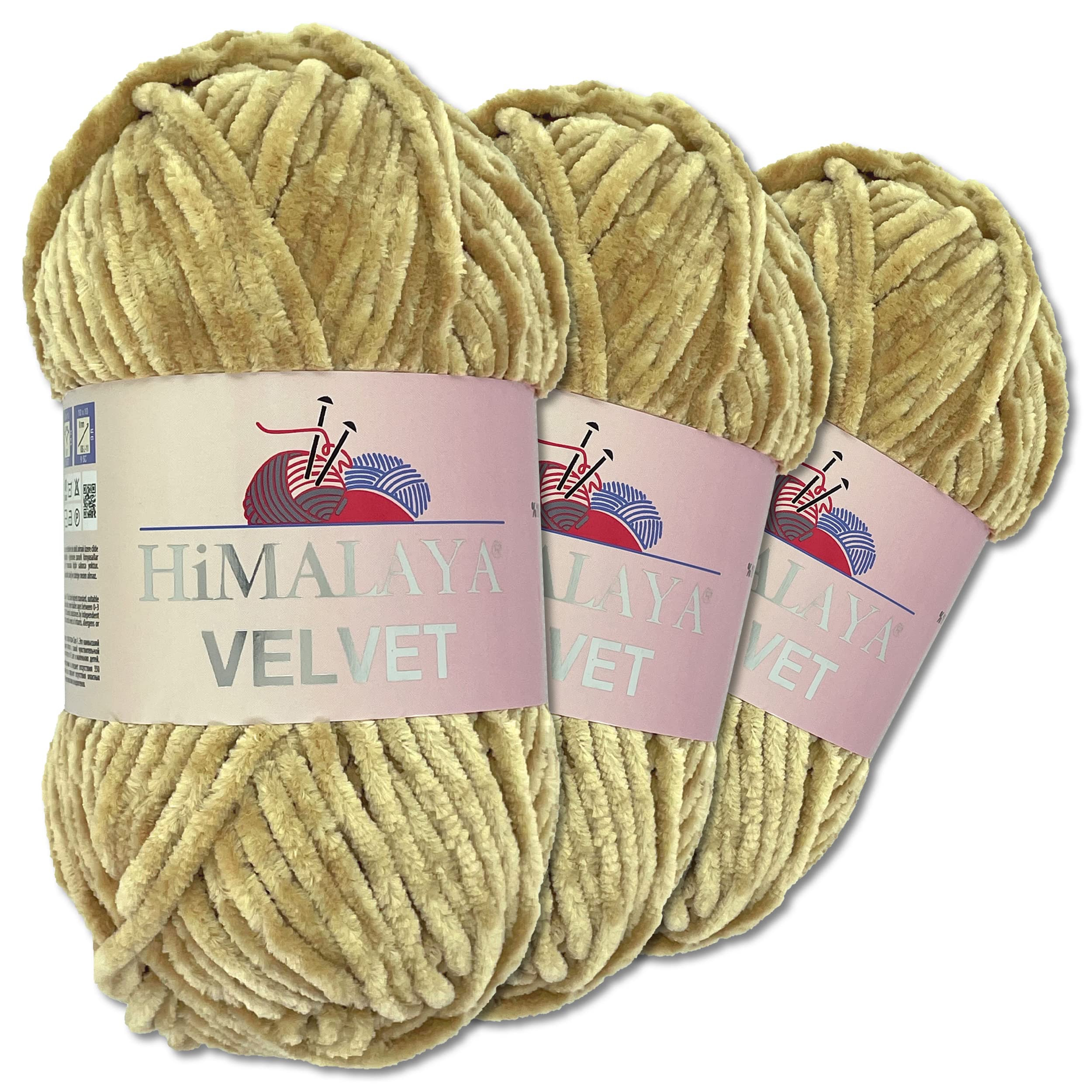 Wohnkult Himalaya 3 x 100 g Velvet Dolphin Wool 40 Colours to Choose From Chenille Knitting Yarn Fleece Wool Shine Accessory Clothing Blankets (90017 | Sandstone)