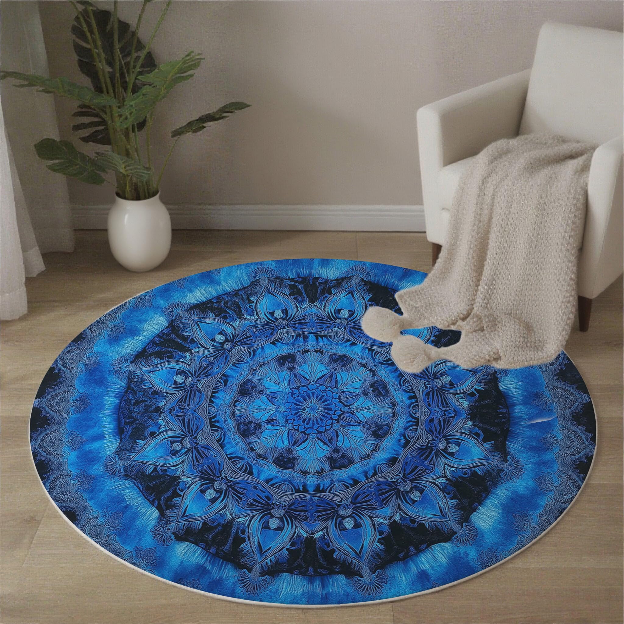 Tapis Rond à Poils Ras Mandala Antidérapant Lavable Tapis de Sol Style Tie-Dye Moquette Décoration pour Salon Chambre Canapé Descente de lit, 180cm, Indigo