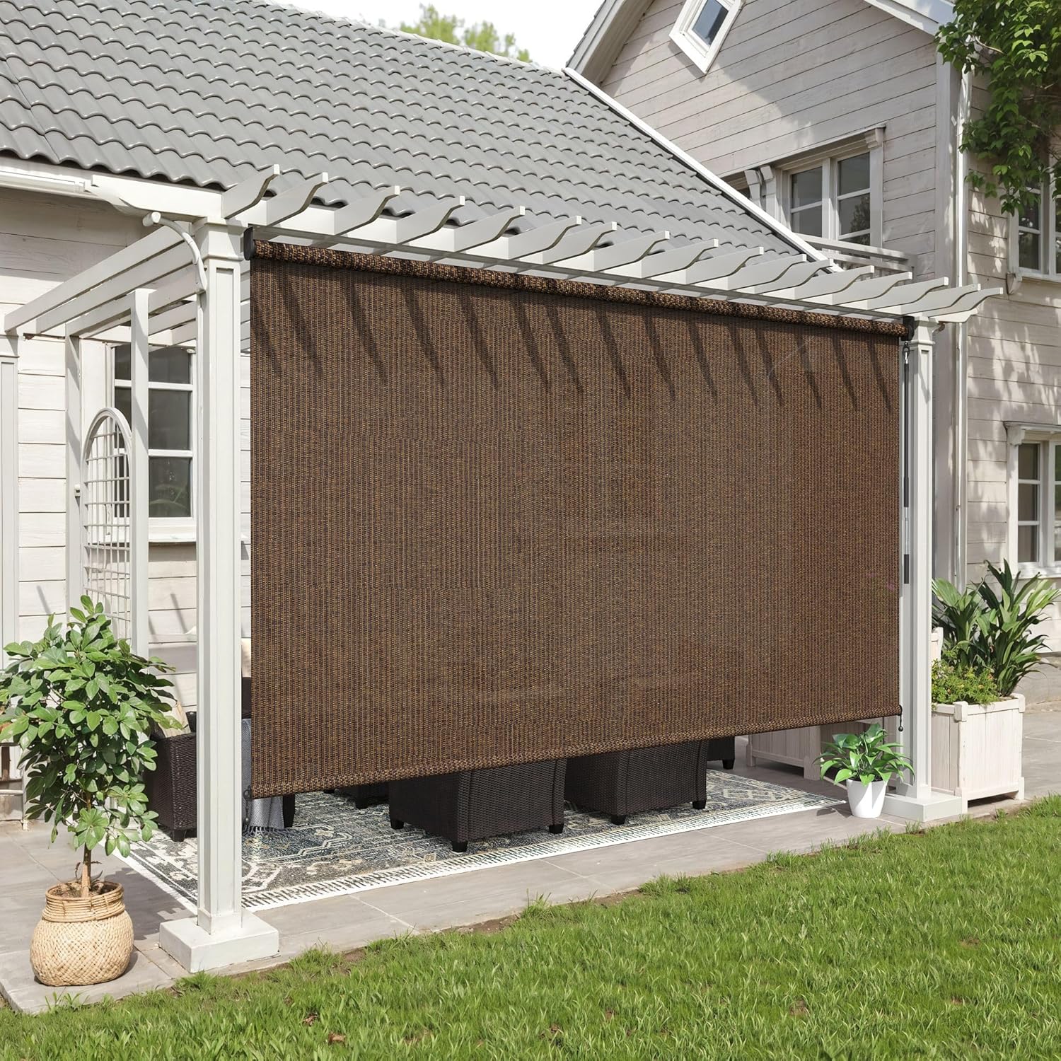 Outdoor Roller Shade 96" W x 96" H, Exterior Cordless Blinds with Splicing Design, UV Protection Roll Up Shade for Patio, Porch, Gazebo, Pergola, Mocha