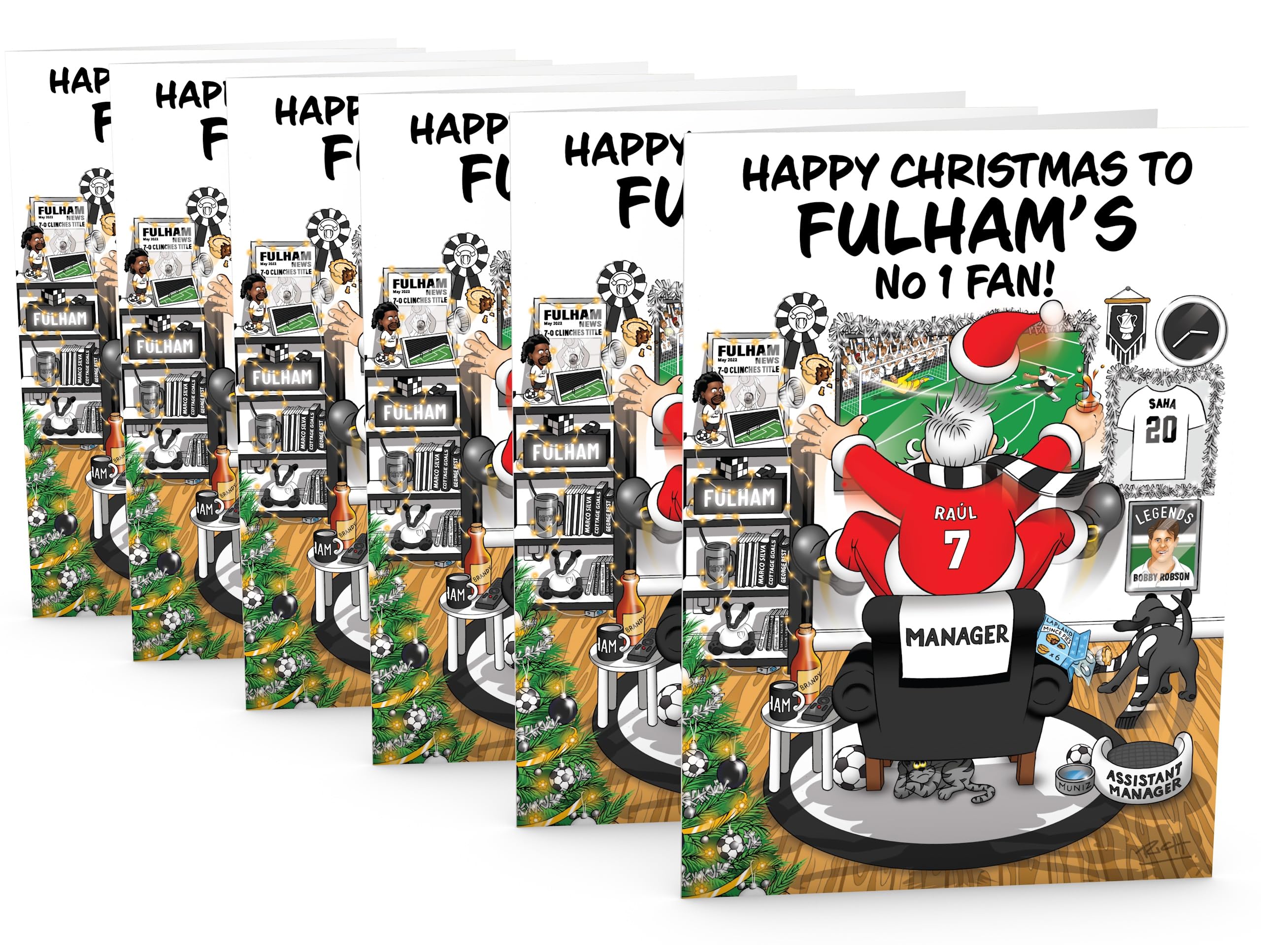 Football Christmas Card for Fulham Fans Pack of 6 Cards Santa Jumping Out of Chair to Support Team Funny Rear of Card Showing Rudolph Supporting Rival Club Large A5 Made in UK