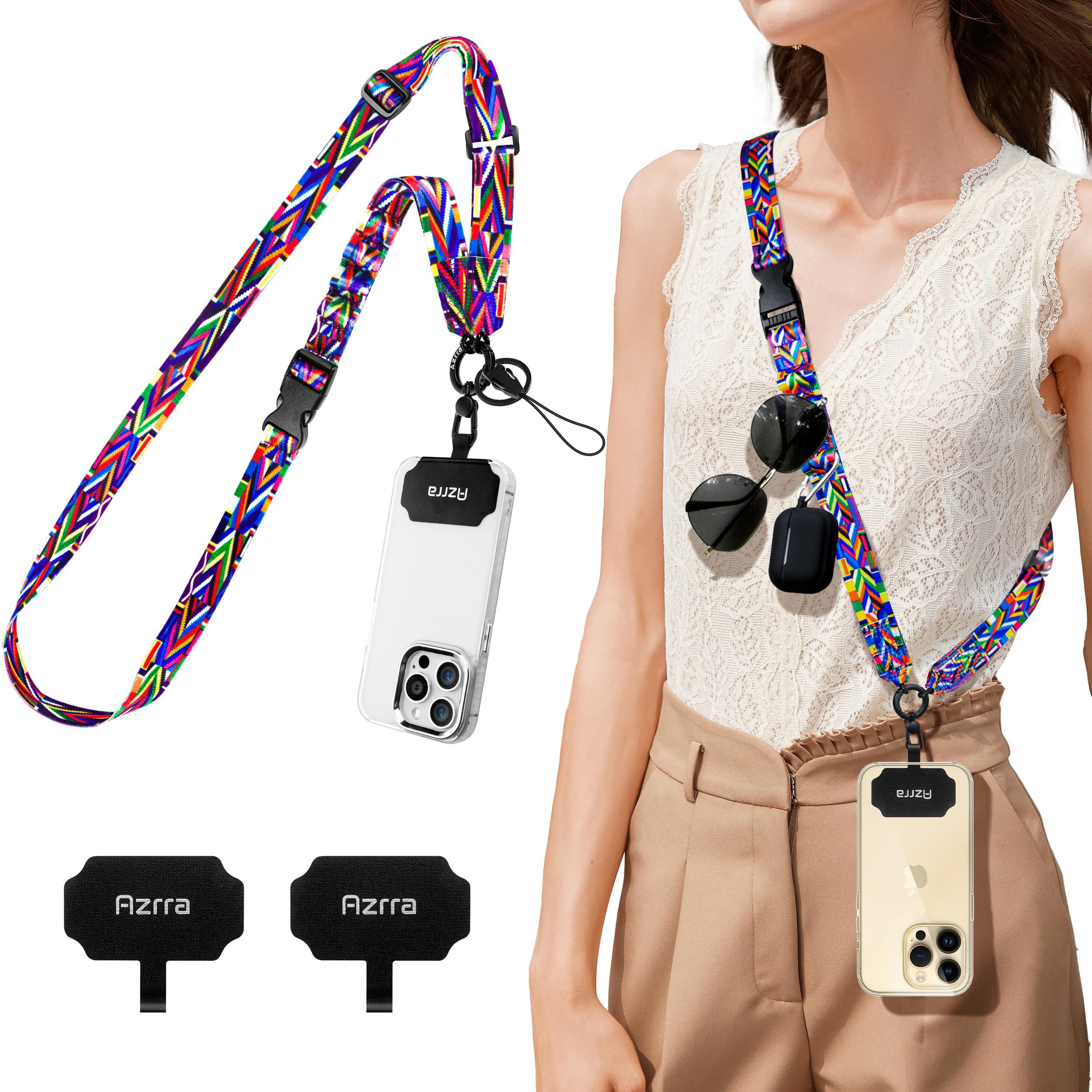 Azrra Phone Lanyard Crossbody, Cellphone Lanyard for Around the Neck, Adjustable Anti Theft Phone Strap, Black Crossbody Strap for iPhone Case, Keys, Earphone, Sunglasses, Wallet (Colorful)