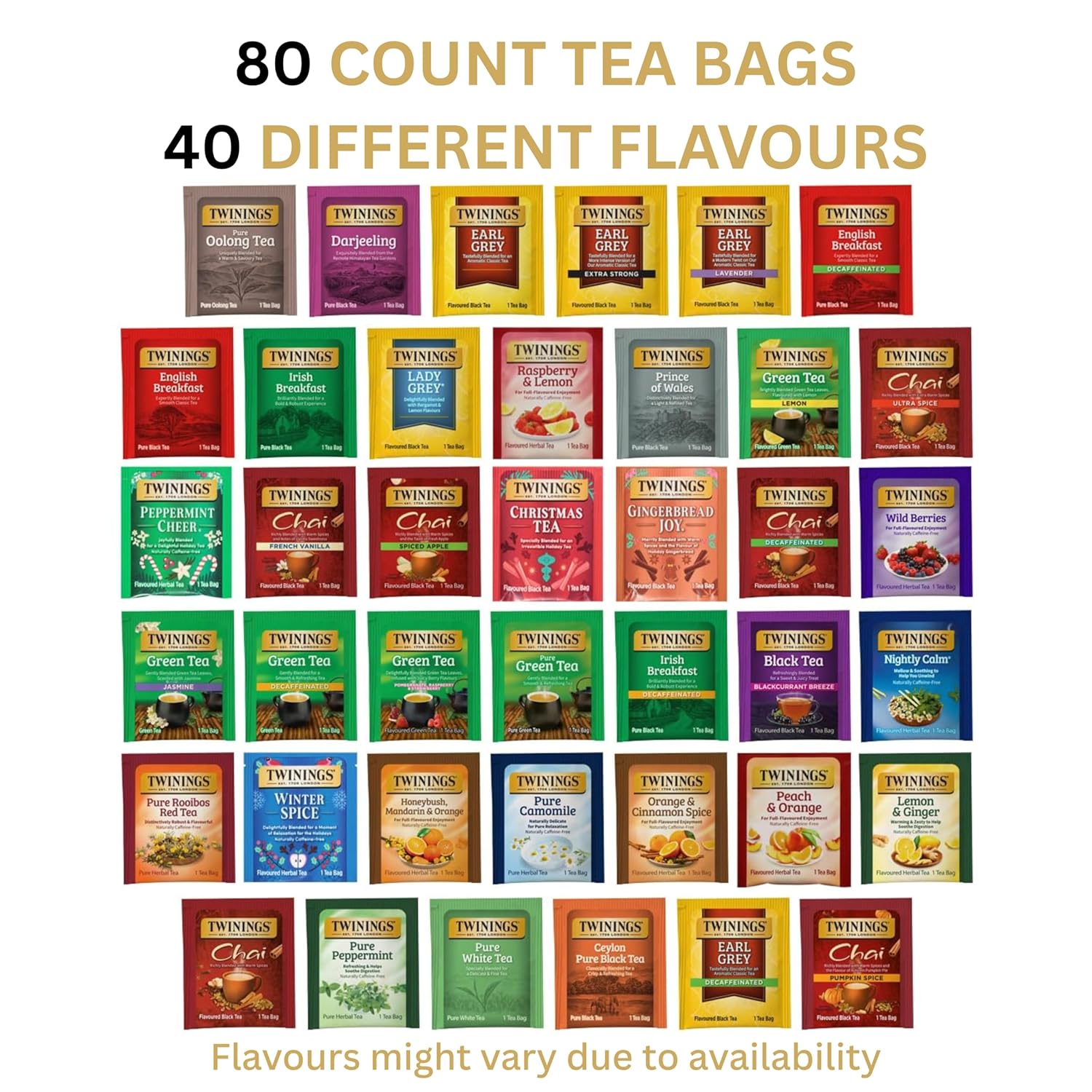 Twinings Tea Bag Sampler Assortment, Variety Pack (80 Count), 40 Unique Flavours for Tea Lovers: Women, Men, Couples, Family, Friends, Coworkers