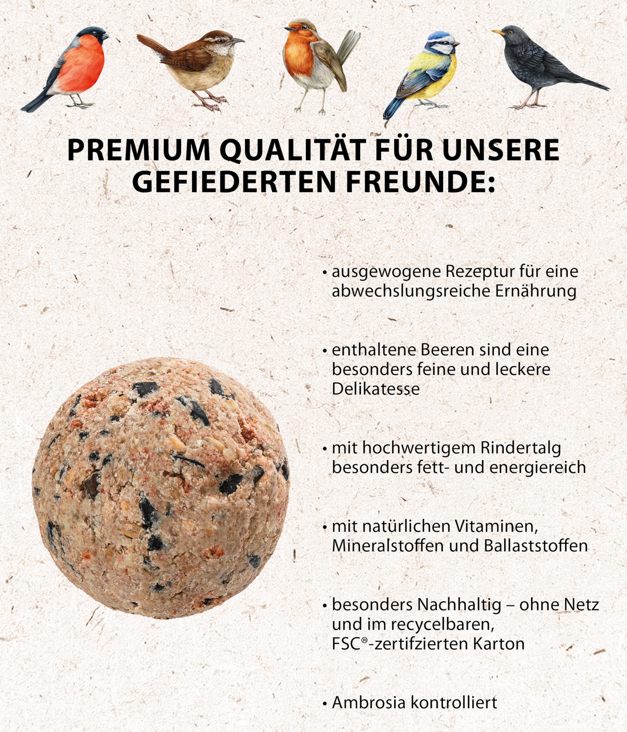 Dehner Natura Premium Meisenknödel ohne Netz, Beerenknödel, ganzjähriges Wildvogelfutter proteinreich / energiereich, 100 Stück je 90 g (9 kg), Karton aus FSC-zertifizierter Produktion