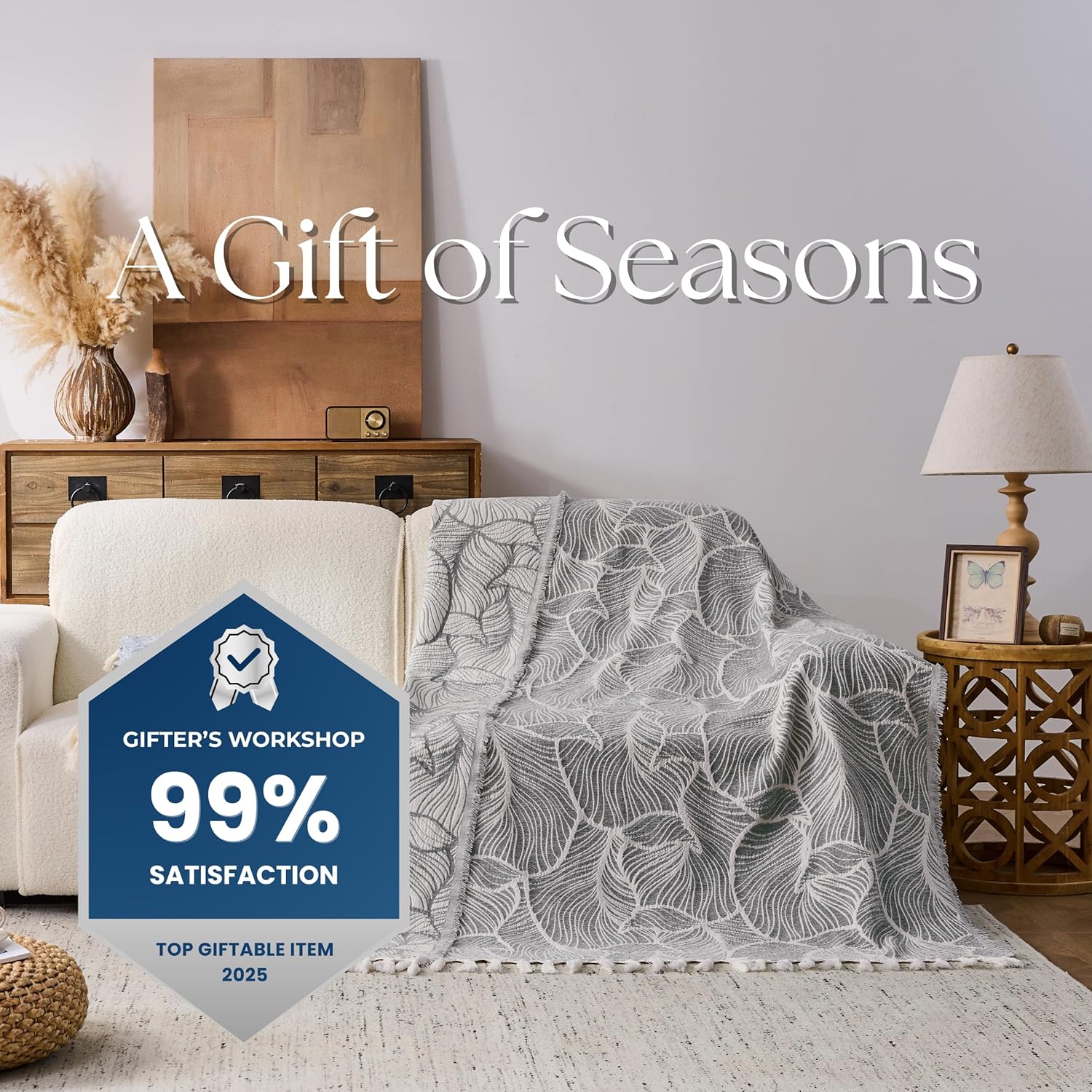 DOWN HOME Chenille Cotton Throw Blanket for Couch, Lightweight Boho Blanket for Bed Sofa Chair Living Room Outdoor Soft Woven Decorative Blanket with Tassel Gift Grey Leaves 60"x80" - Image 7