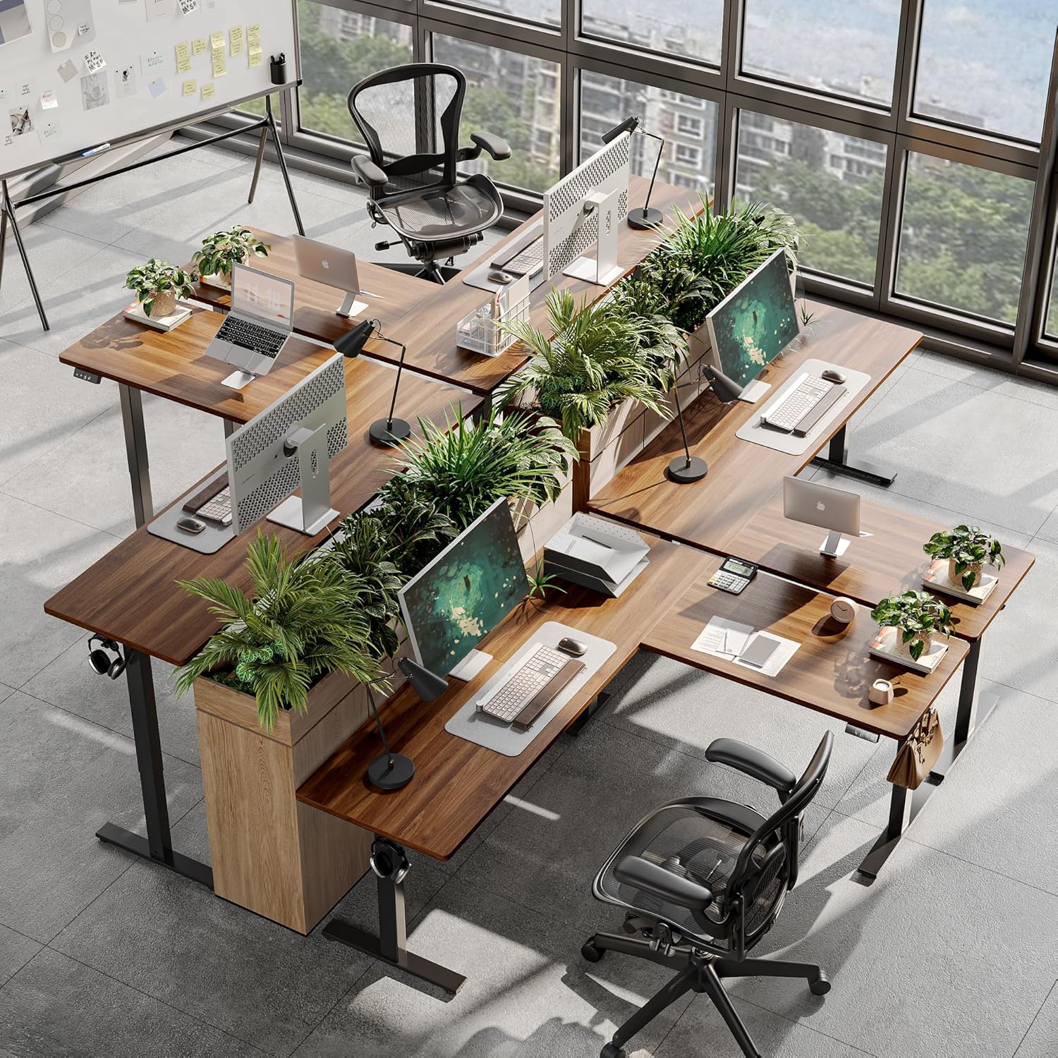 TIQLAB 75 x 61 inch L Shaped Standing Desk Adjustable Height, Electric Corner Standing Desk, Sit Stand Computer Table with Splice Board, Black Walnut