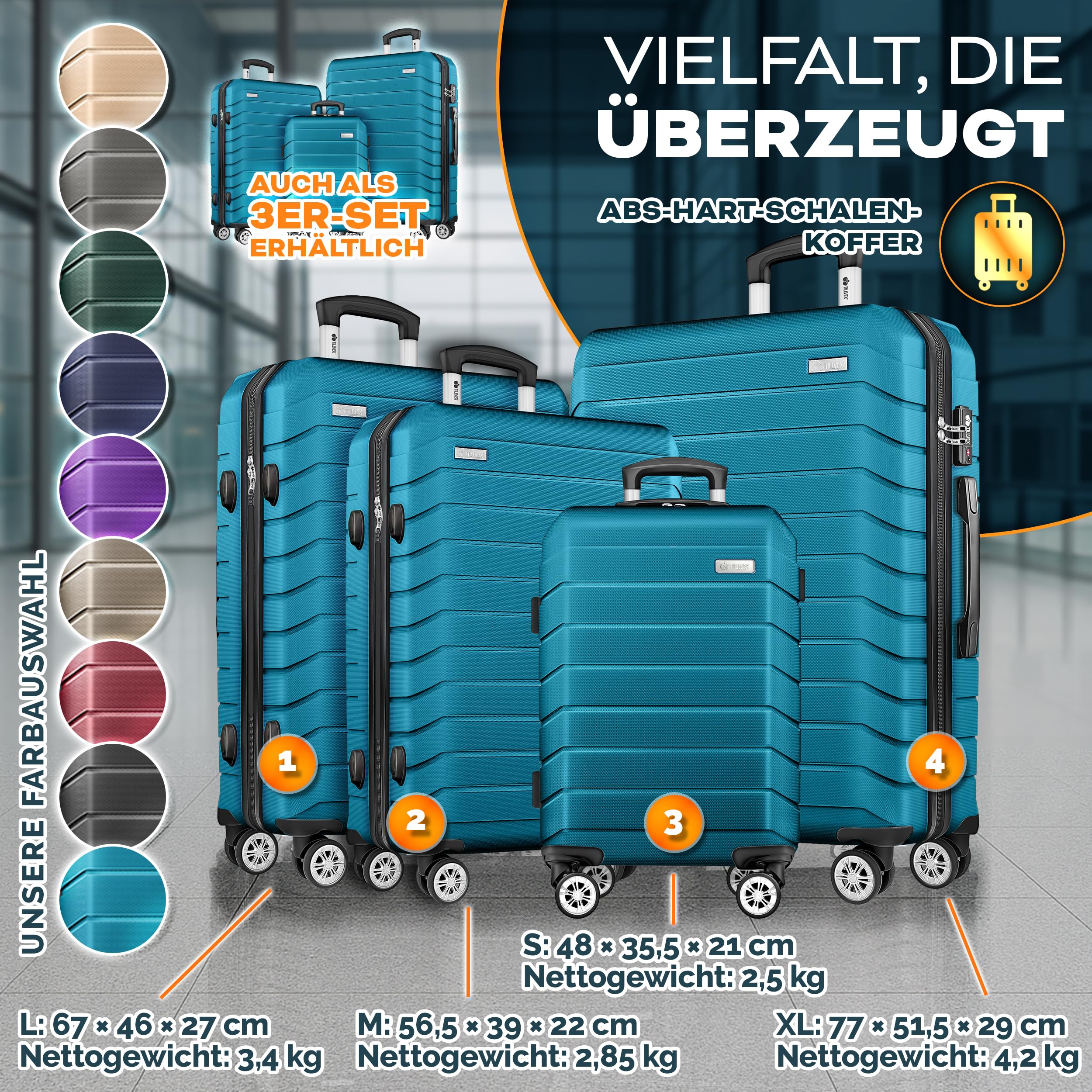 tillvex® Reisekoffer Set 4-teilig + Gepäckwaage, 4X Koffergurte & 4X Kofferanhänger | Kofferset 4 Rollen | Trolley Gepäck Koffer TSA Schloss | Hartschalenkofferset S-M-L-XL