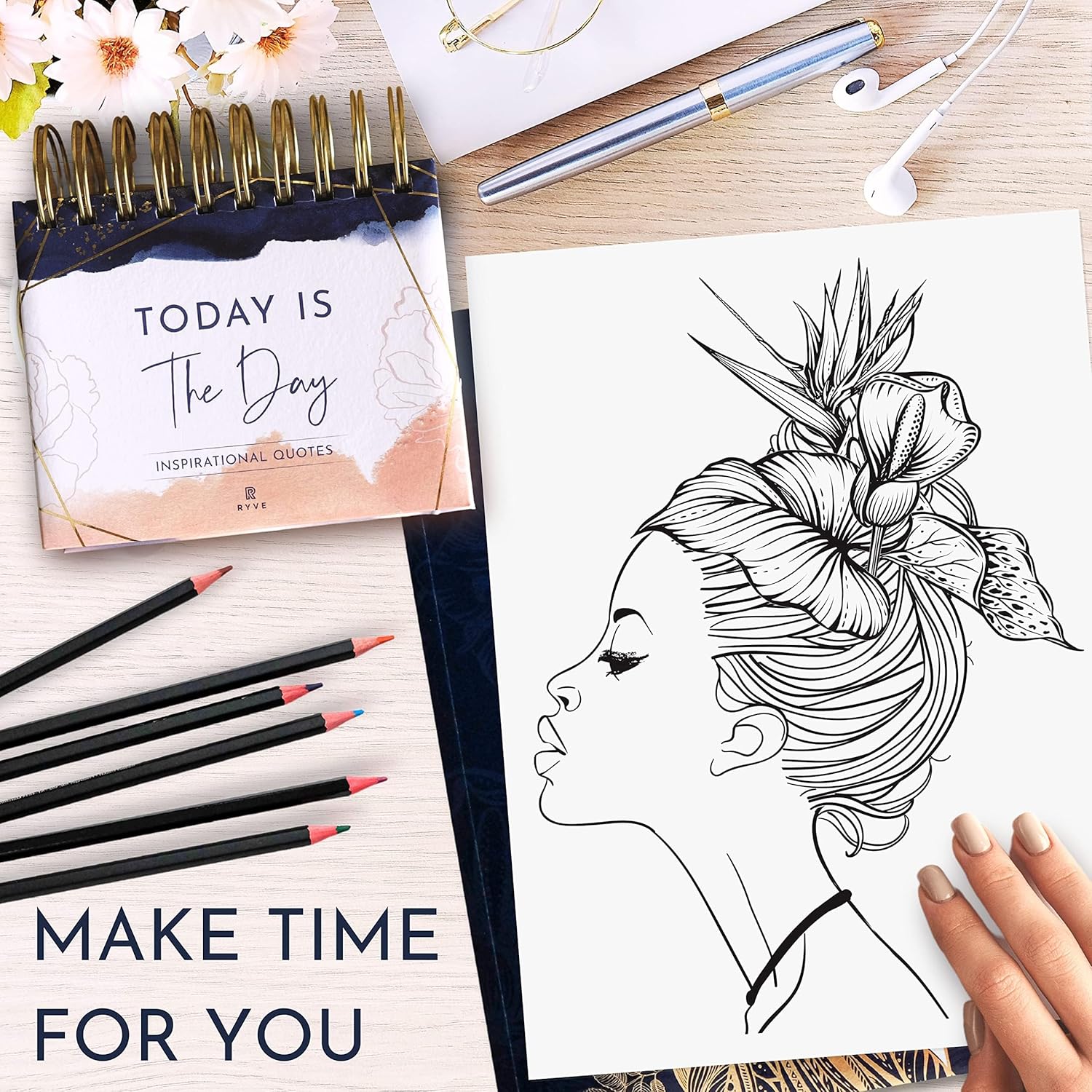 RYVE Motivational Calendar and Mindfulness Coloring Book for Women-Inspirational Quotes Calendar and Desk Decor for Women, Stress Relief Coloring Book for Adults, Mindfulness Gifts for Her