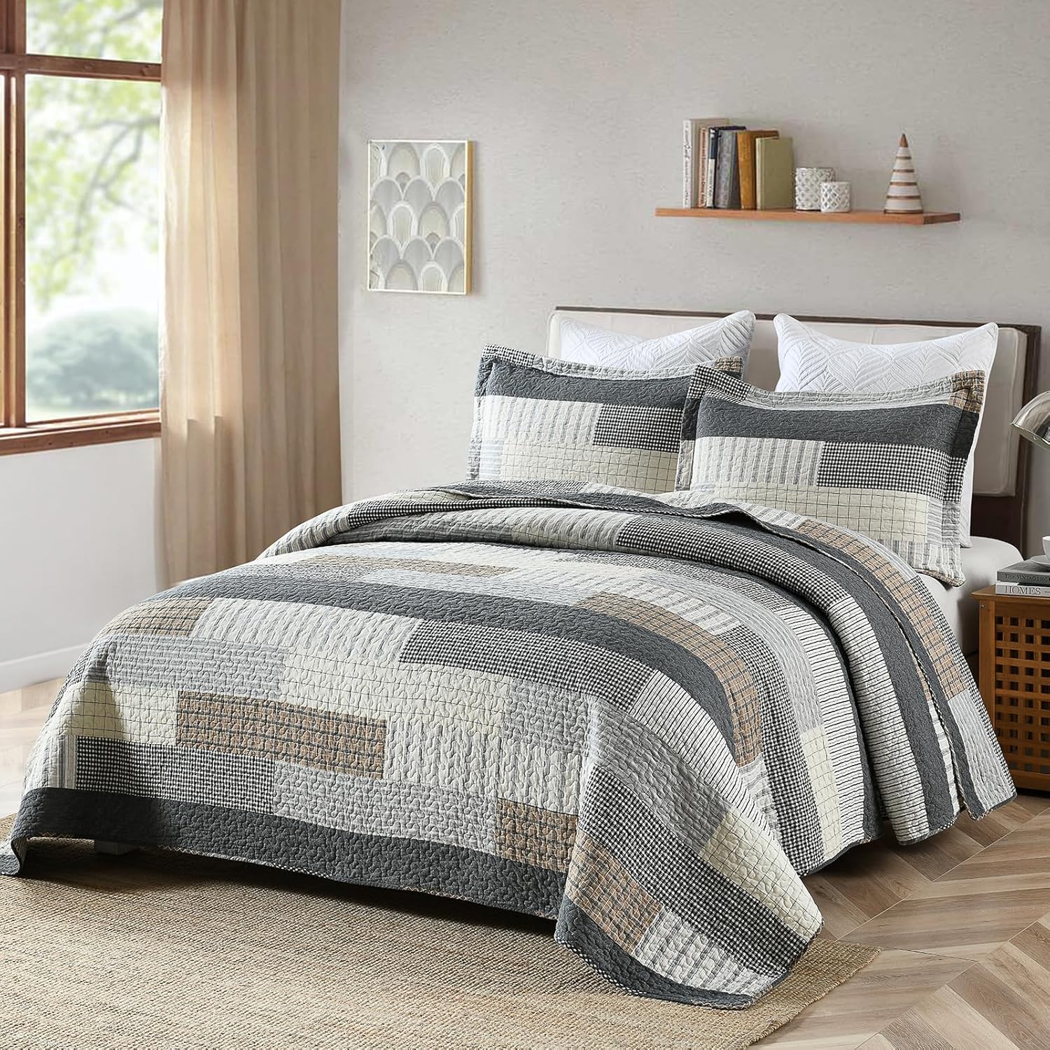 Y-PLWOMEN King Size Quilt - 100% Cotton Cozy King Quilt Set, Farmhouse Striped Bedspread, Reservible Lightweight Quilted Bedding Set for All Season, 3-Pieces - Image 2