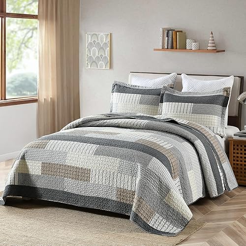 Vista 32 de Y-PLWOMEN Edredón tamaño Queen, 100 % algodón, edredón de retazos marrón a cuadros, colcha ligera tamaño Queen, suave, transpirable, para todas