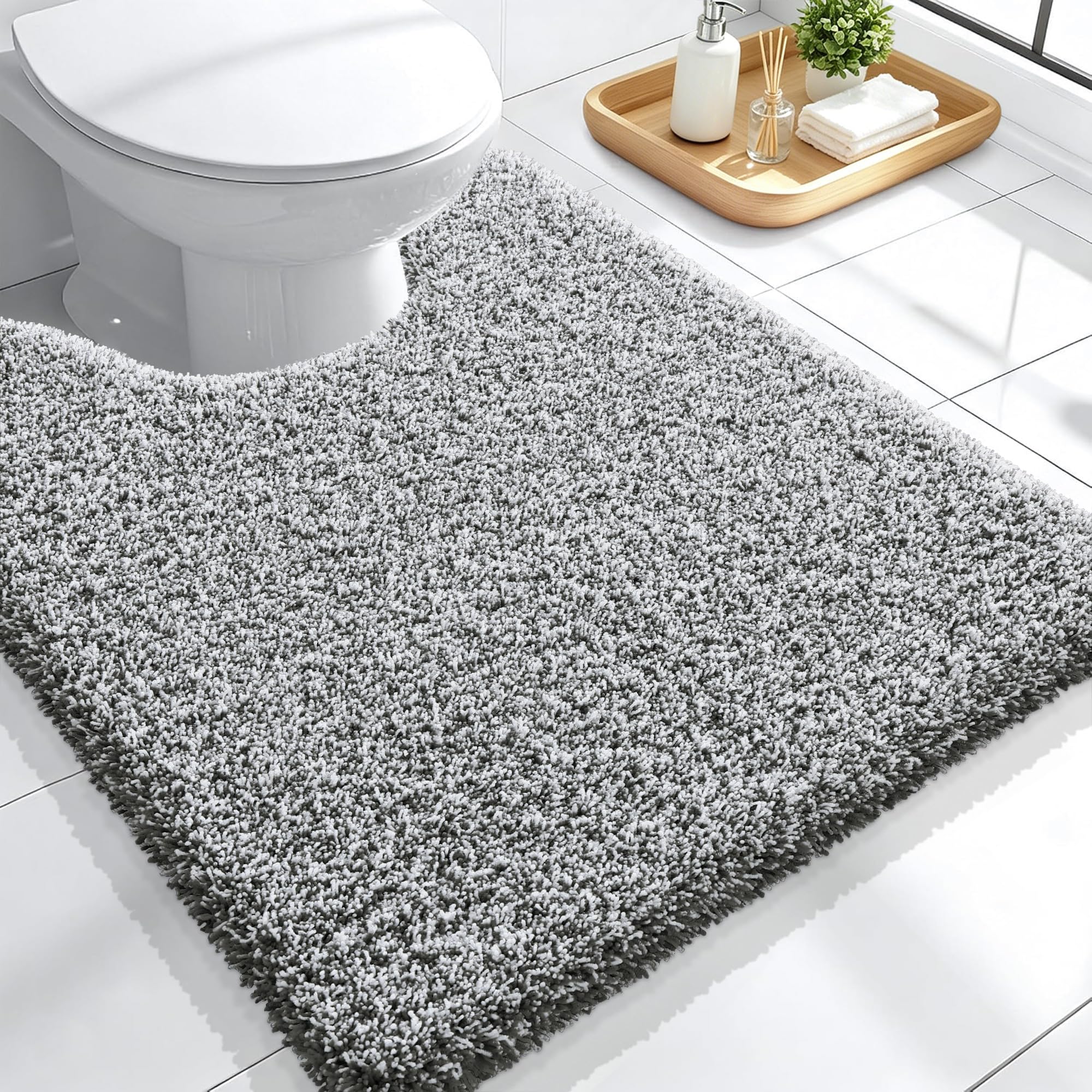 OLANLY Microfiber Bathroom Rugs U-Shaped Mats 24x20, Dark Grey and White