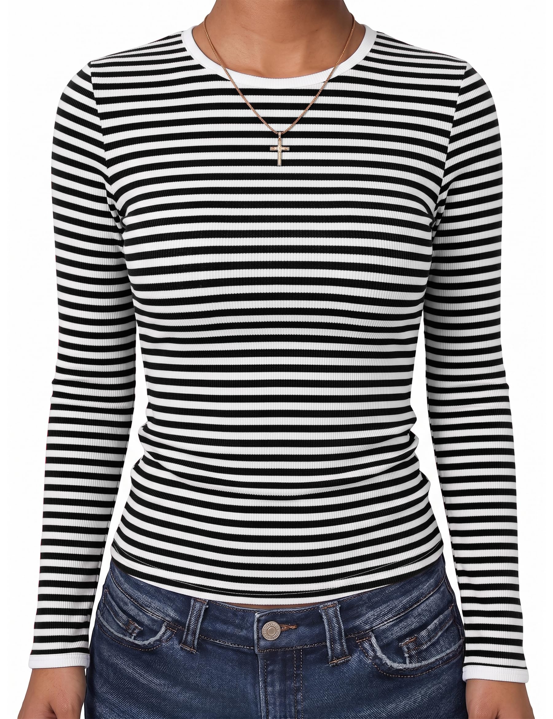 Leversic Langarmshirt Damen Gerippt Contrast Binding Shirt | Bequem Hautfreundlich Basic Rundhals Elegant Slim Fit mit Stretch Shirt Modisch Vielseitig Für alle Jahreszeiten