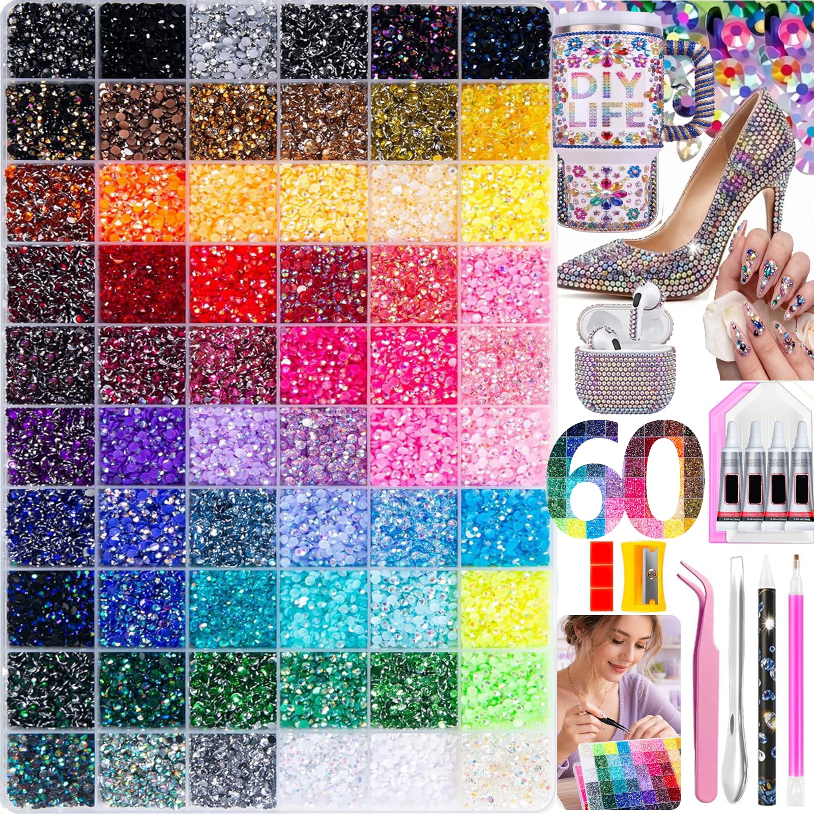 Bedazzling Kit Bedazzler Kit, 48000Pcs 60 Colors Jelly Rhinestones for Bedazzling, 3mm Resin Jelly Flatback Gems for Diamond Art with Glue Tweezer Pickup Pen for Crafting,Clothes Shoes,Nail Art,Phone