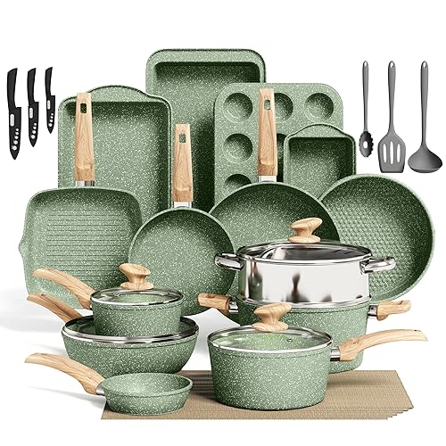 Kitchen Academy Bakeware and Cookware Set - 30 Piece Induction Hob Pans and Pots Set Non Stick, Green Healthy Granite Cooking Saucepan Set PFOA & PFOS Free - Green