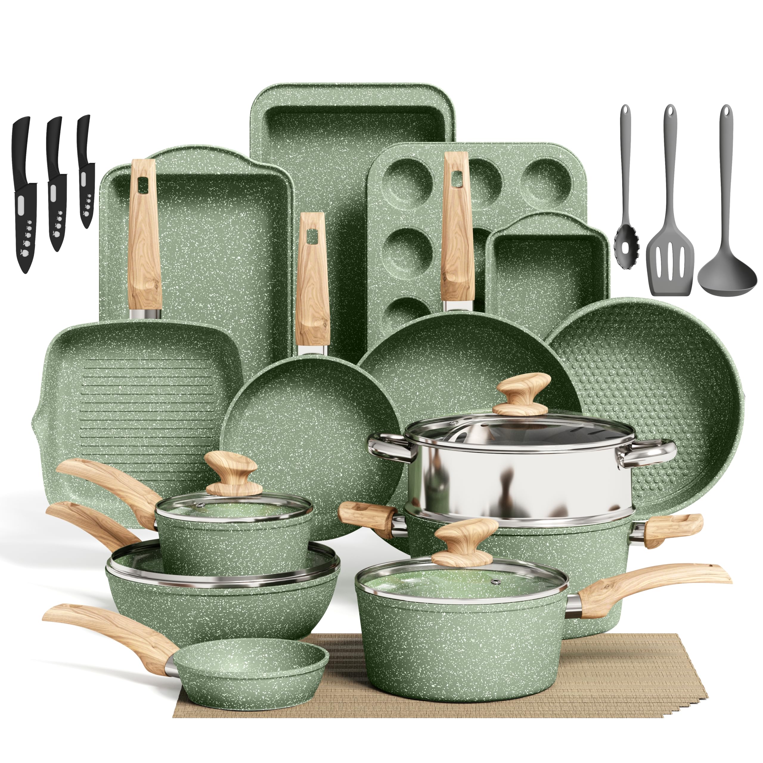 Bakeware and Cookware Set - 30 Piece Induction Hob Pans and Pots Set Non Stick, Green Healthy Granite Cooking Saucepan Set PFOA & PFOS Free