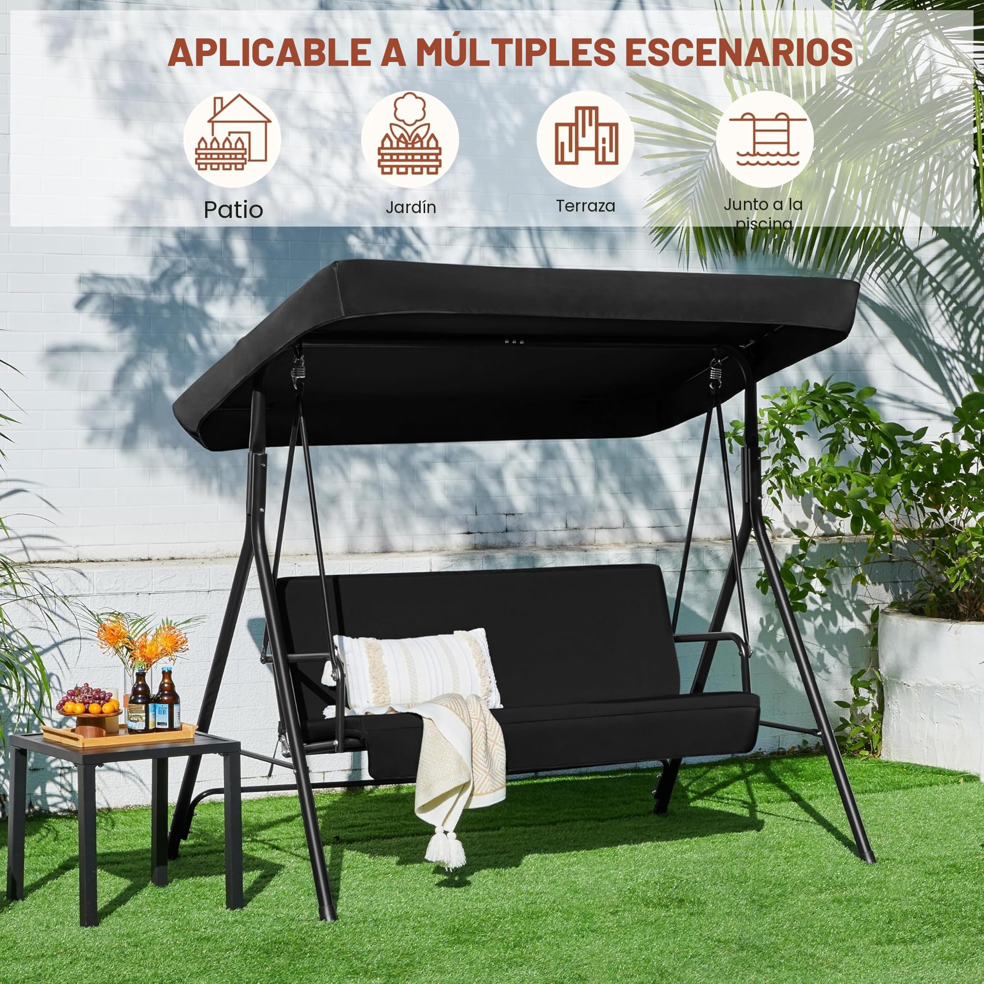 Yaheetech Columpio con Dosel Balancín de Jardín Exterior de 3 Plazas con Cojín Extraíble y Toldo Ajustable en Ángulo Impermeable Carga Máx.250kg Negro