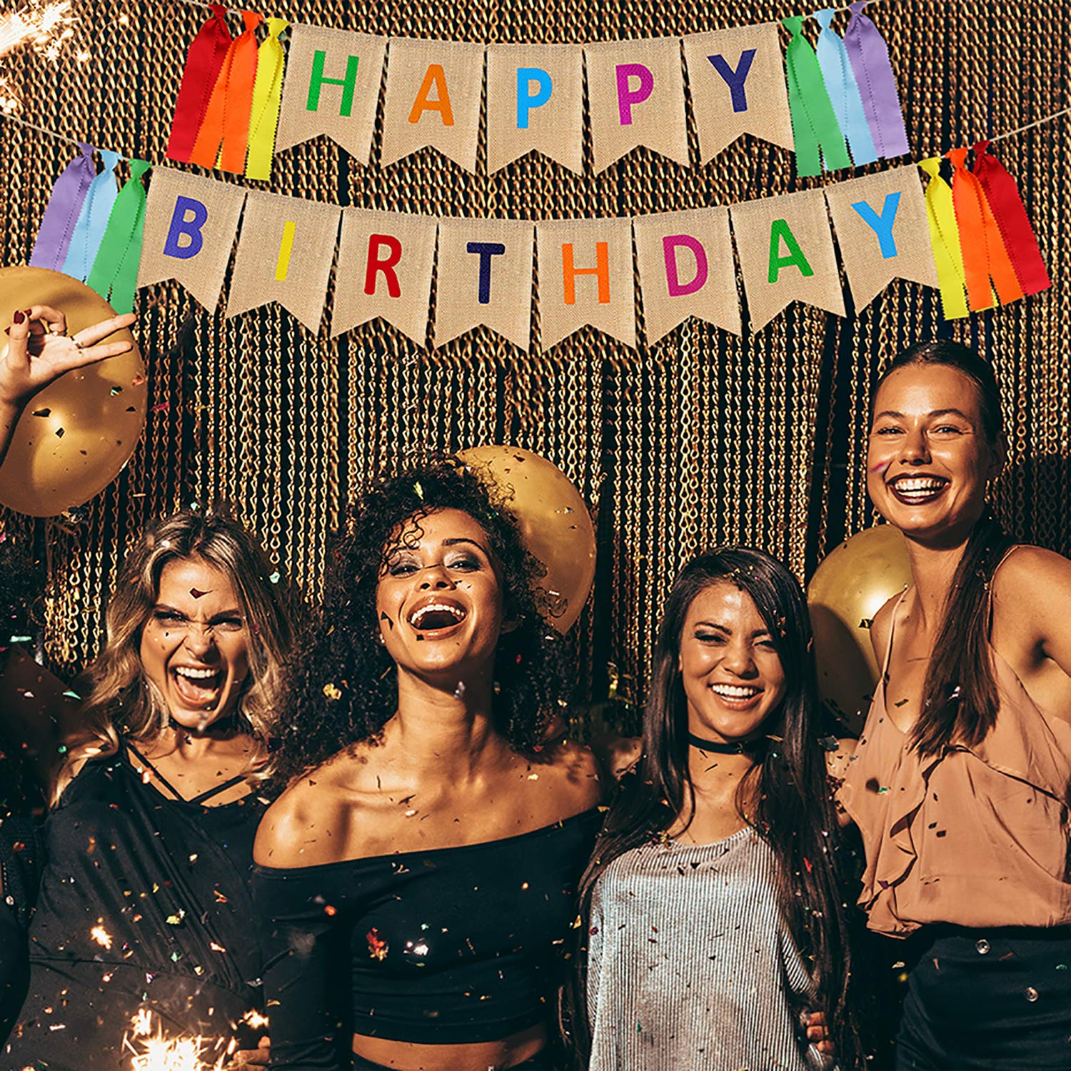 Happy Birthday Burlap Banner With Colorful Tassels - Pre-Assembled, No DIY Needed, Kid Or Adult Party Decor