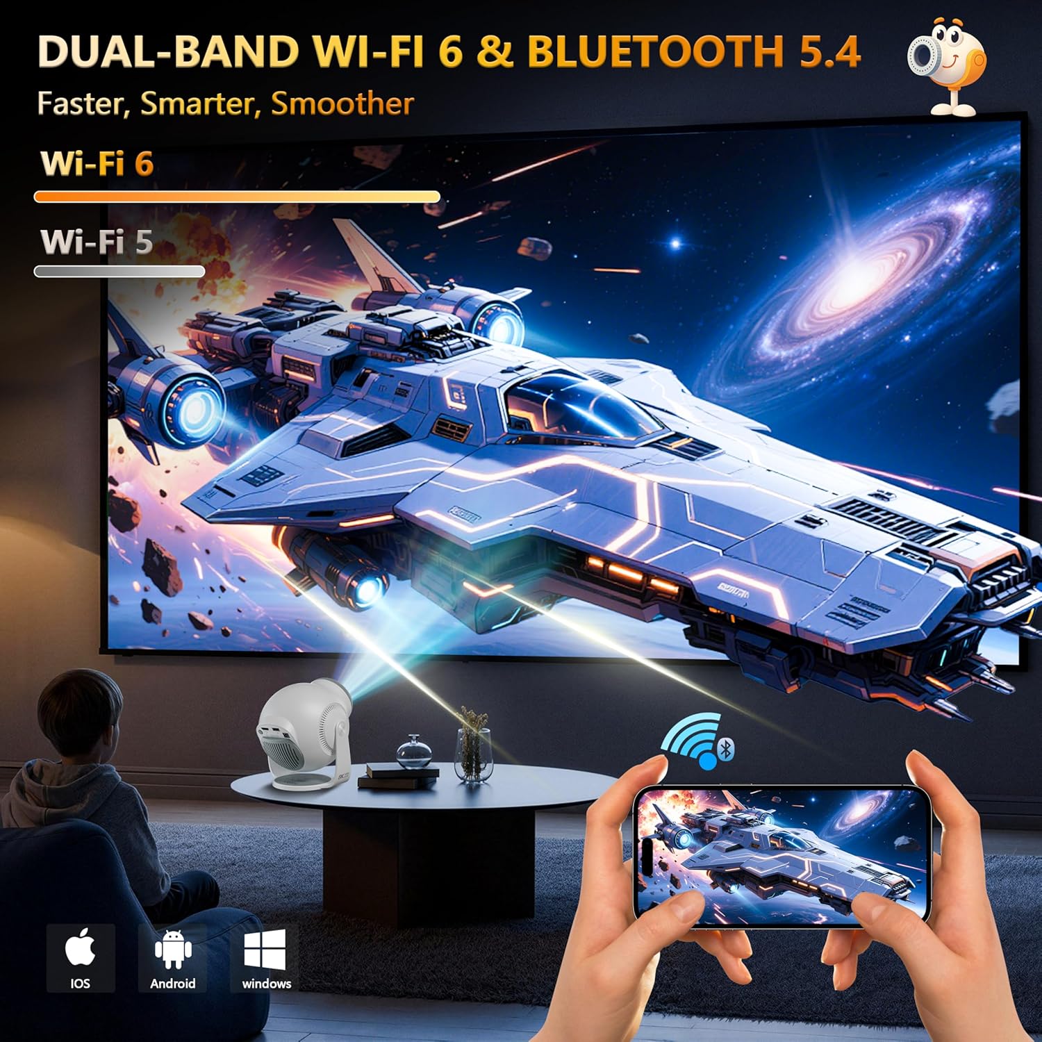 【8K Video Decode / Android 14.0】Mini Smart Projector with WiFi 6 and Bluetooth 5.4, 450 ANSI Support 4K 1080P, Portable Outdoor Movie Projectors, Auto Keystone Correction, 270° Rotatable Proyector