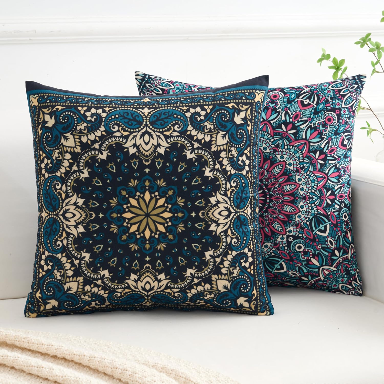 Boho Throw Pillow Covers 18X18 Inch Set of 4 Bohemian Soft Velvet Couch Pillow Cases Farmhouse Decorative Pillow Covers for Sofa Living Room Bedroom Outdoor Patio Porch
