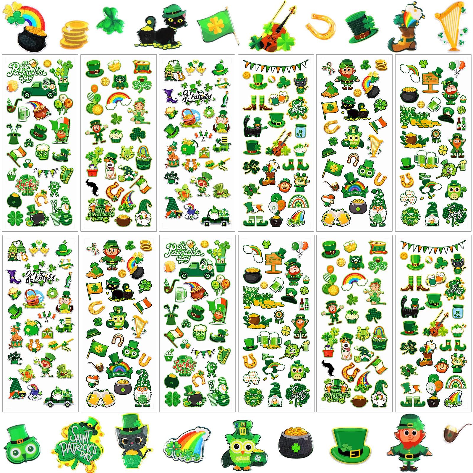 St. Patrick's Day Puffy Stickers for Kids, 12 Sheets 3D Cute Shamrock, Clover, Leprechaun Foam Stickers for Irish Party Favors, Scrapbooking, DIY Crafts