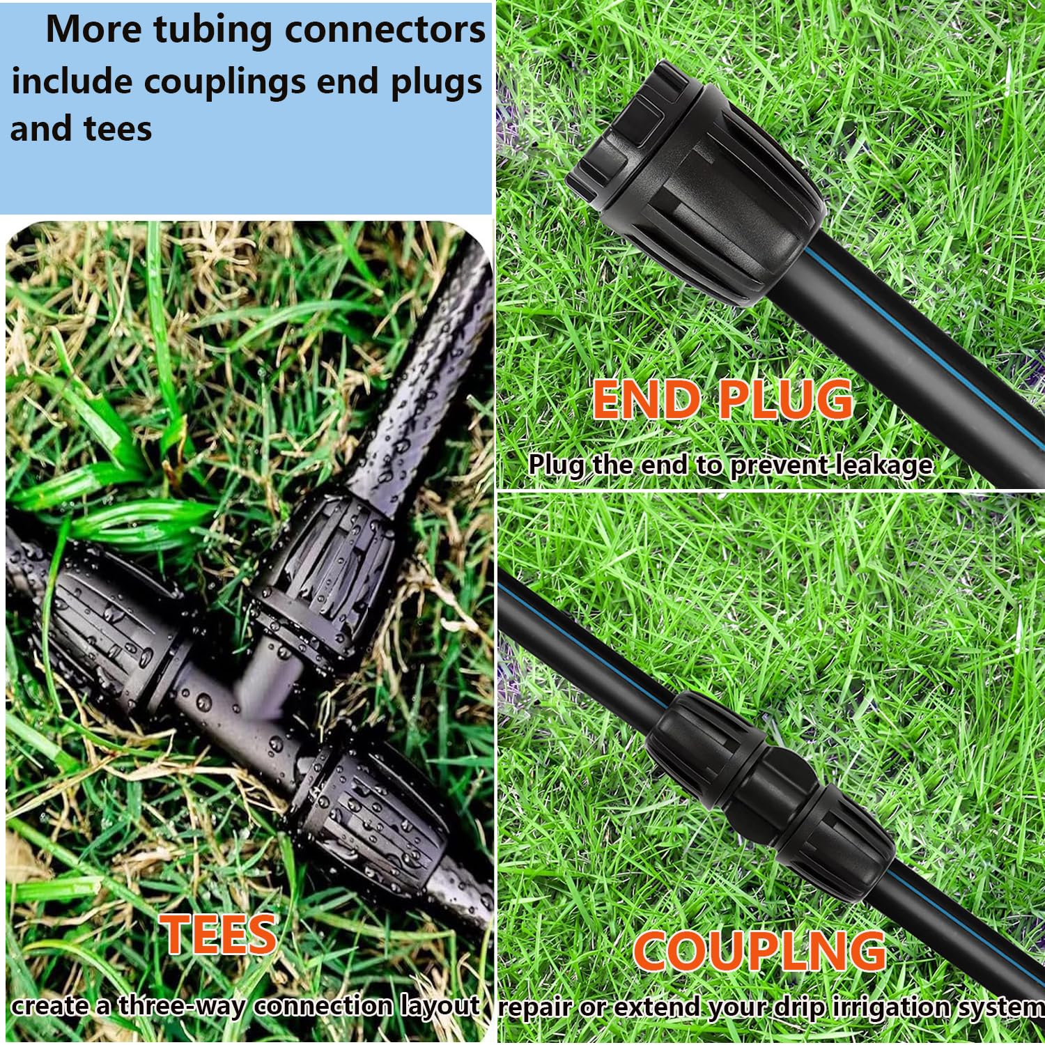 Manguera de goteo de 12 m, sistema de riego de jardín, manguera principal para sistemas de riego de jardín y componentes de riego, conector recto de 1/2 pulgada, tapa de extremo de conector de 3 vías