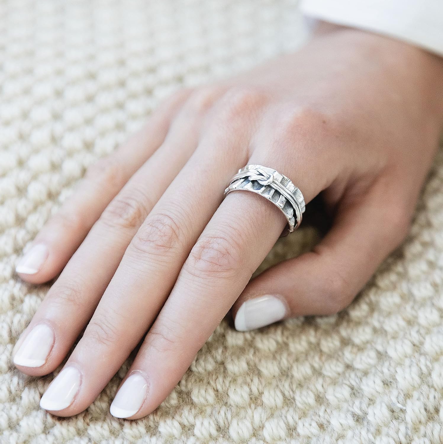 ENERGY STONE 925 Sterling Silver Fidget Ring | Spinner Ring for Women | Connected Knot | Pleated Fabric Pattern Base | Double-wire knotted Spinner | Handcrafted Artistry | Comfort Fit | Sizes 7-11