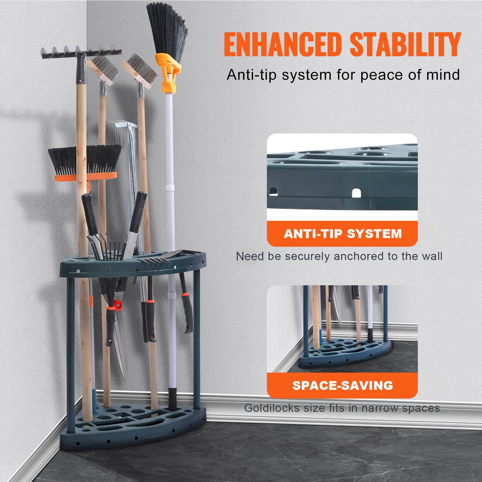 VEVOR Porta Attrezzi da Giardino 19 Slot PP Porta Attrezzi da Garage Officina per Stoccaggio, Organizzazione, Capannone per Esterni Angolo per Riporre Attrezzi, Rastrelli, Scope, Pale a Manico Lungo