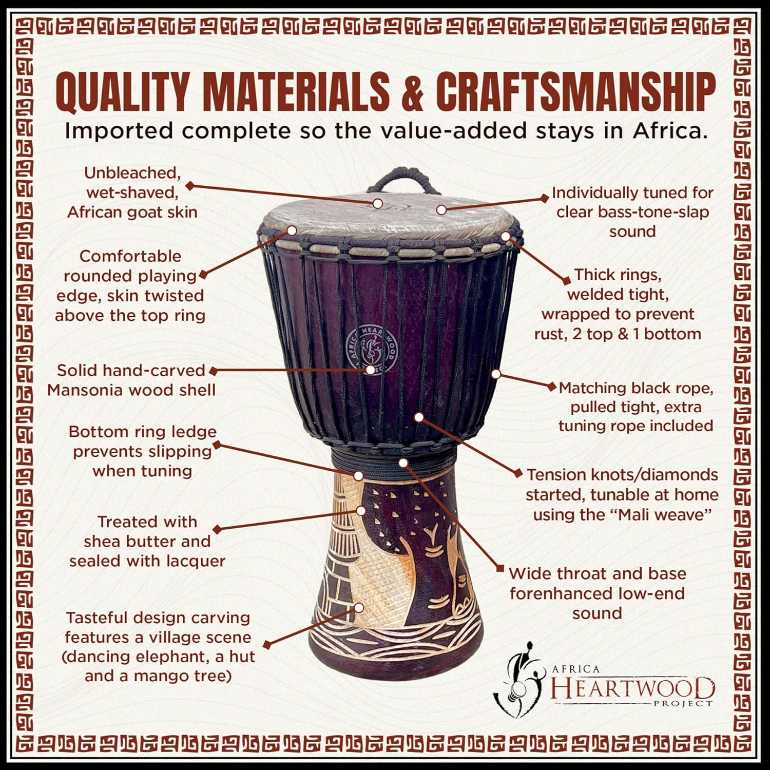 Africa Heartwood Project Hand-Carved Djembe Drum from Ghana - 11"x22" Authentic African Drum Circle Village Djembe - Solid Wood & Natural Goat Skin - Ready to Play Out of the Box Musical Instrument