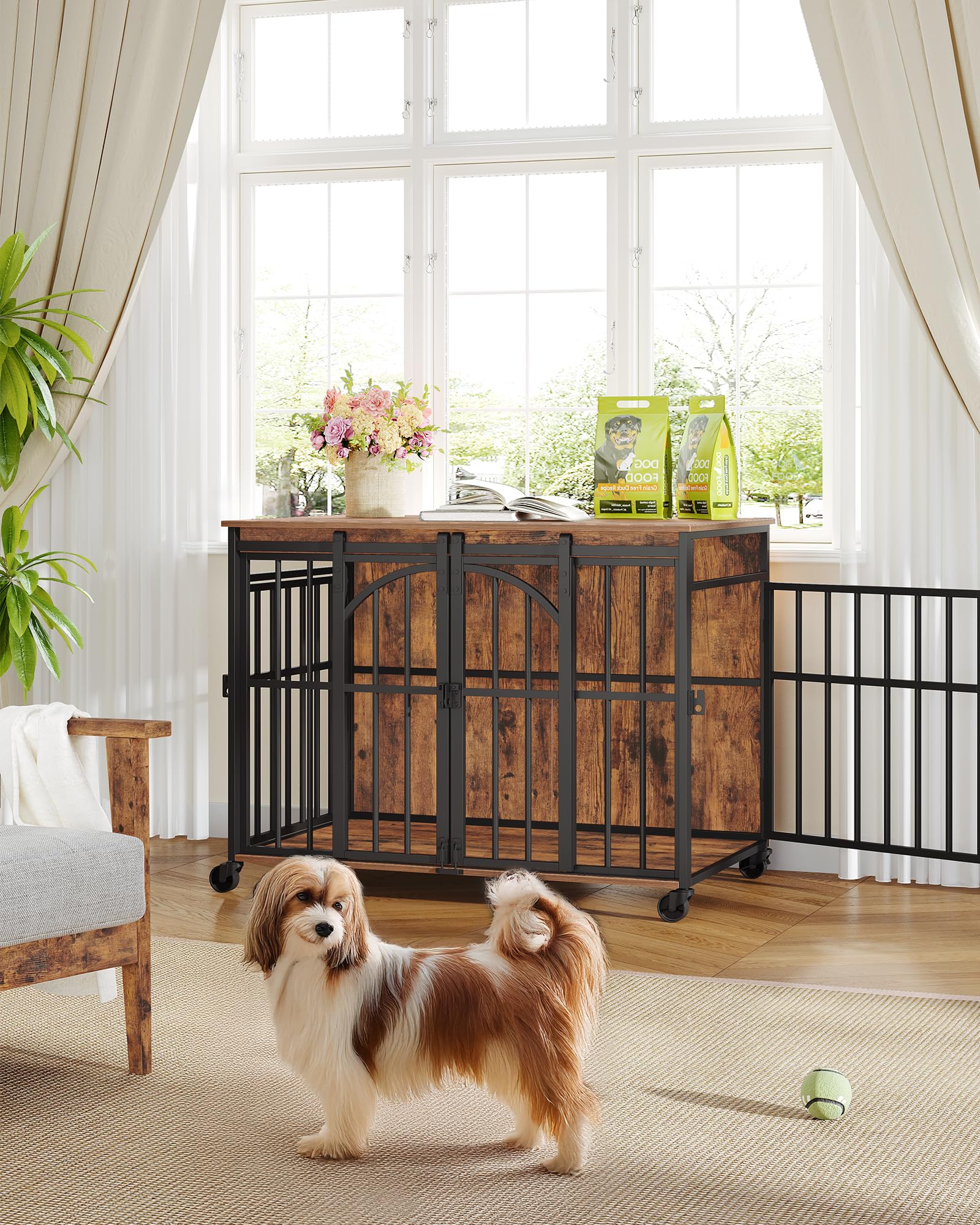 Hzuaneri Cage pour Chien avec roulettes Pivotantes à 360°, Caisse avec Porte Coulissante, Moderne en Bois pour Chiens de Petite et Moyenne Taille, pour Une Utilisation en Intérieur, Marron Rustique