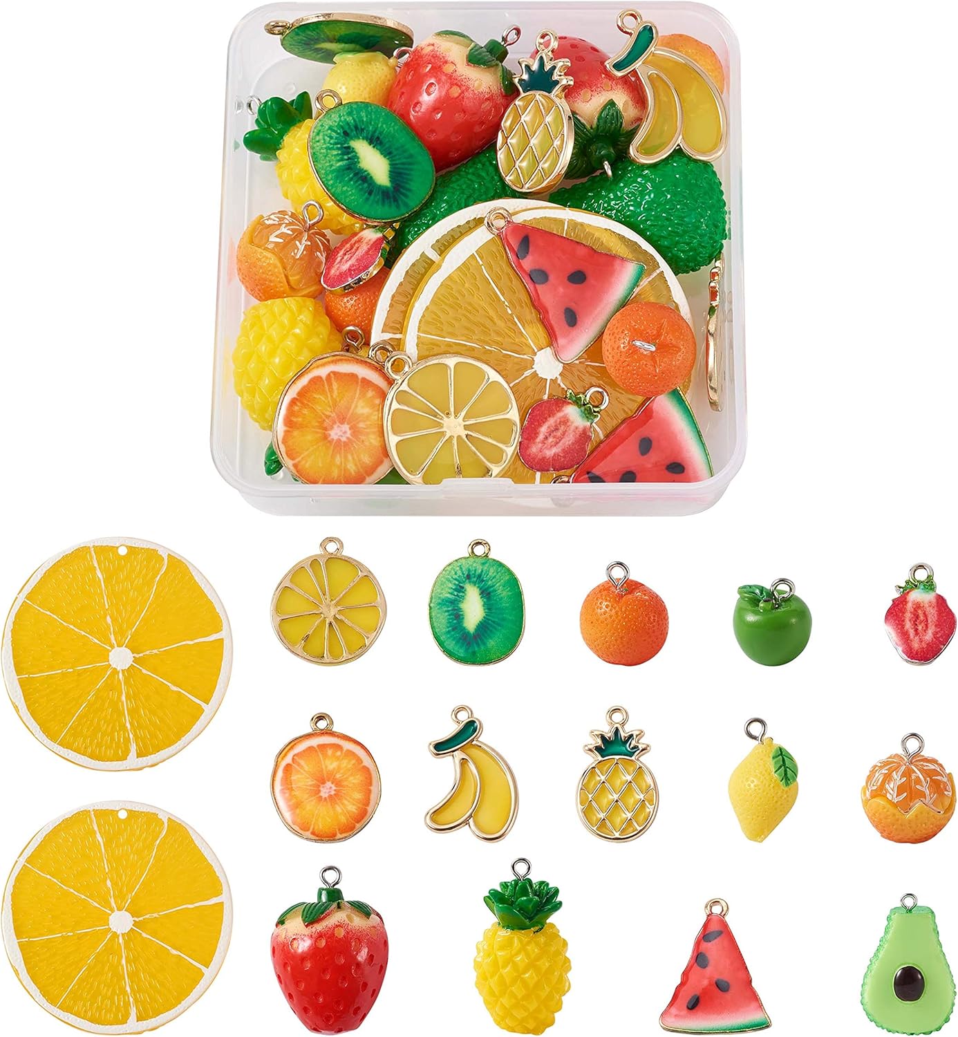 30pcs/Box Resin & Alloy Enamel Fruit Charms 15 Styles Apple Lemon Orange Pineapple Strawberry Dangle Pendants for DIY Necklace Bracelet Earrings Jewelry Making