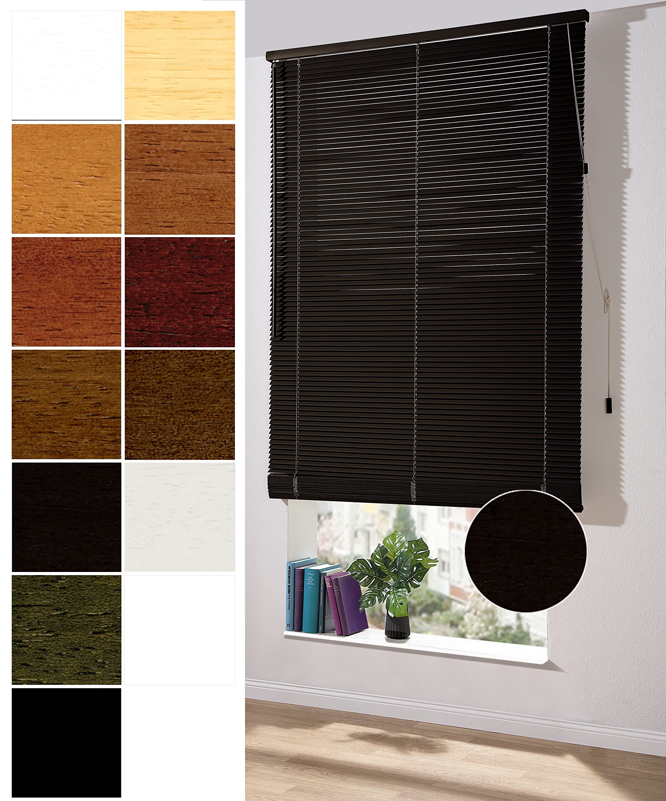 Deco Home | Holz Jalousie nach Maß, 25mm Jalousie ohne Bohren, Fenster-Sichtschutz abdunkelnd, Rollo | Schwarzes Holz