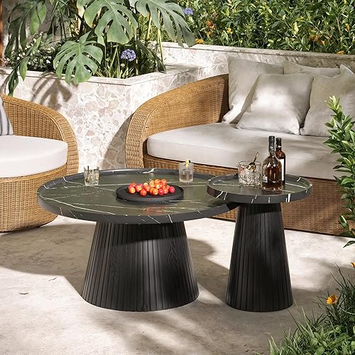 Miniatura 8 de win2win Juego de 2 mesas auxiliares anidadas, mesa de centro moderna con chapa de mármol, mesa de té redonda acanalada y juego de mesa auxiliar,