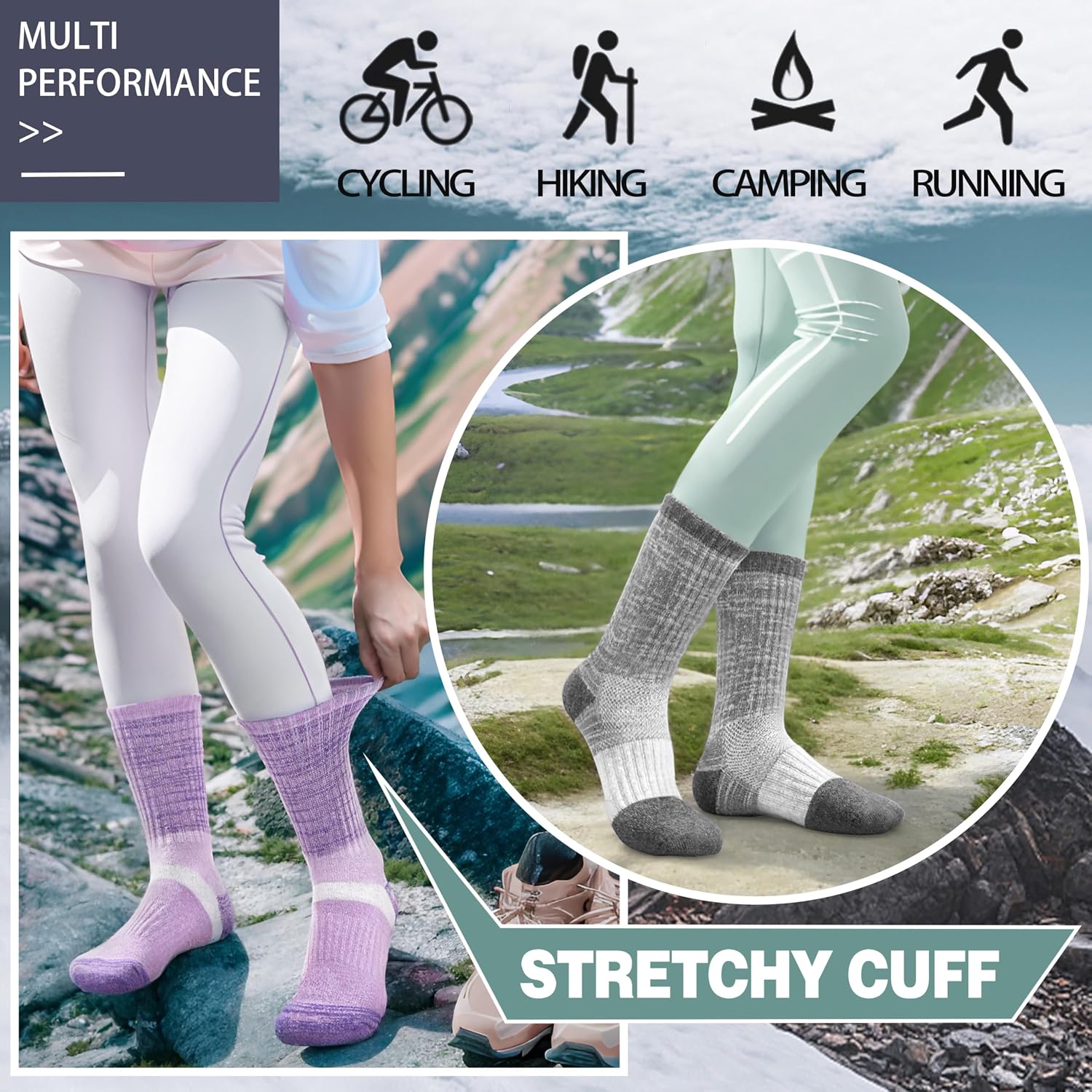  Merino Wool Hiking Running Socks for Women, Boot Work Crew Socks | Moisture Wicking, Compressive Arch Support, Reinforced Cushion, Secure Fit, Thermal Winter Warm, 5 Pairs thumbnail