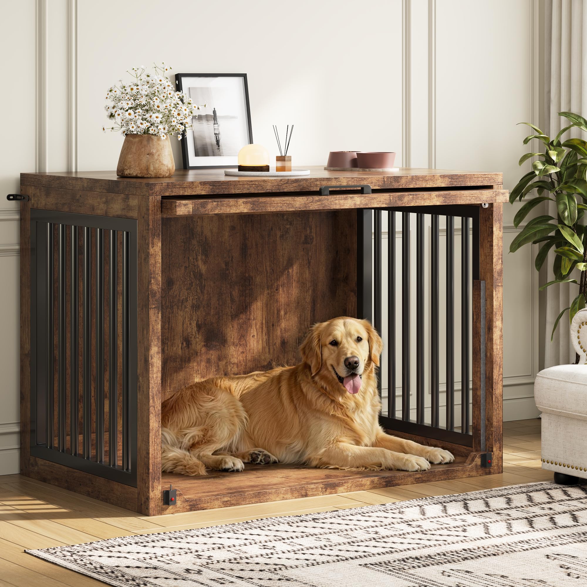 Jocoevol Hundebox Möbel, 107cm Hundekäfig für Große Hunde bis 36 kg, Hundehaus Holz mit versteckter Schiebetür, Heavy-Duty Hundekäfig mit Sicherheitsschloss und leisen Pads, 107x73x85 cm, Vintagebraun