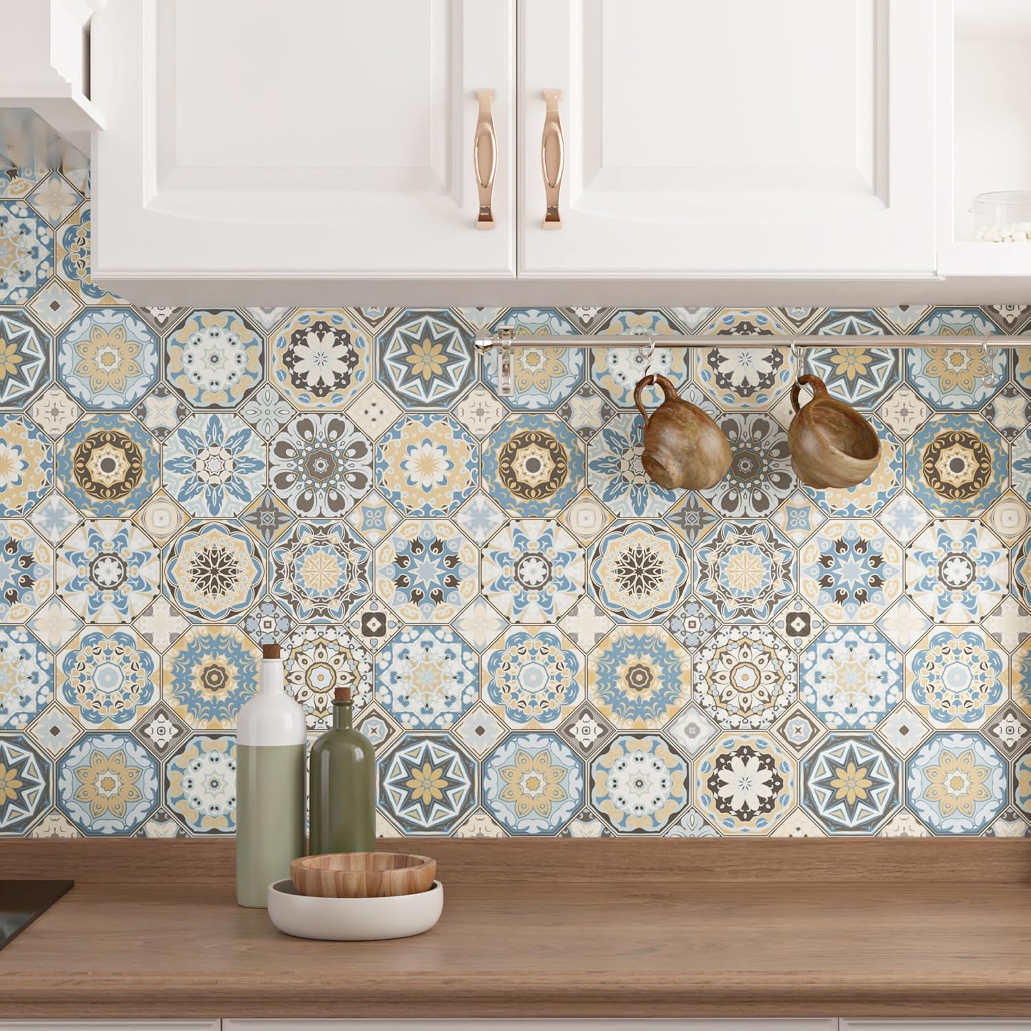 Boho Peel and Stick Wallpaper Modern Colorful Wall Tiles Waterproof Art Geometric Wall Paper Roll Abstract Contact Paper for Cabinet Kitchen Backsplash Bar Countertop Bohemian 17.5"x102"