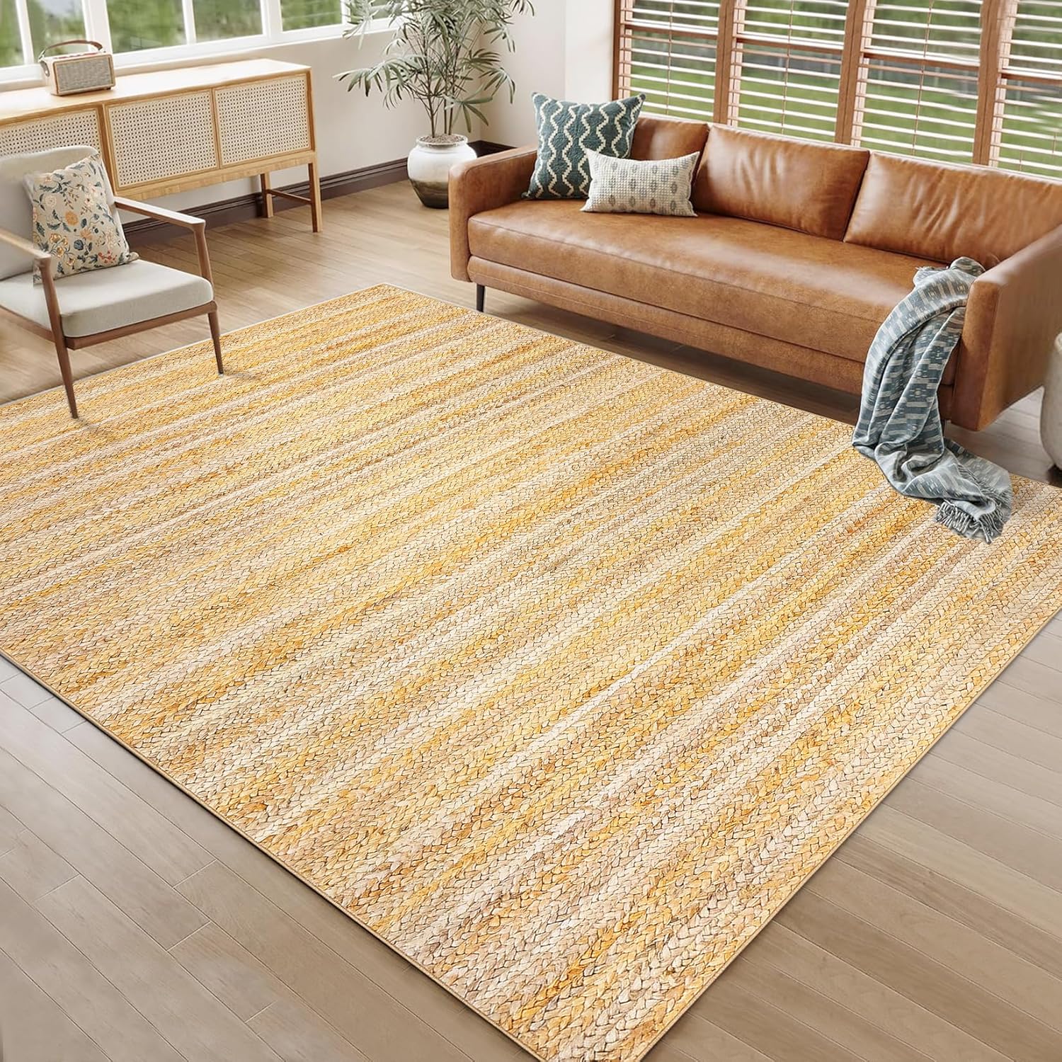 Garvee 8x10 Washable Area Rug Non Slip Living Room Large Rug Neutral Modern Braided Print Accent Rug Non Shedding Thin Foldable Carpet for Bedroom Under Dining Table Home Farmhouse, Natural