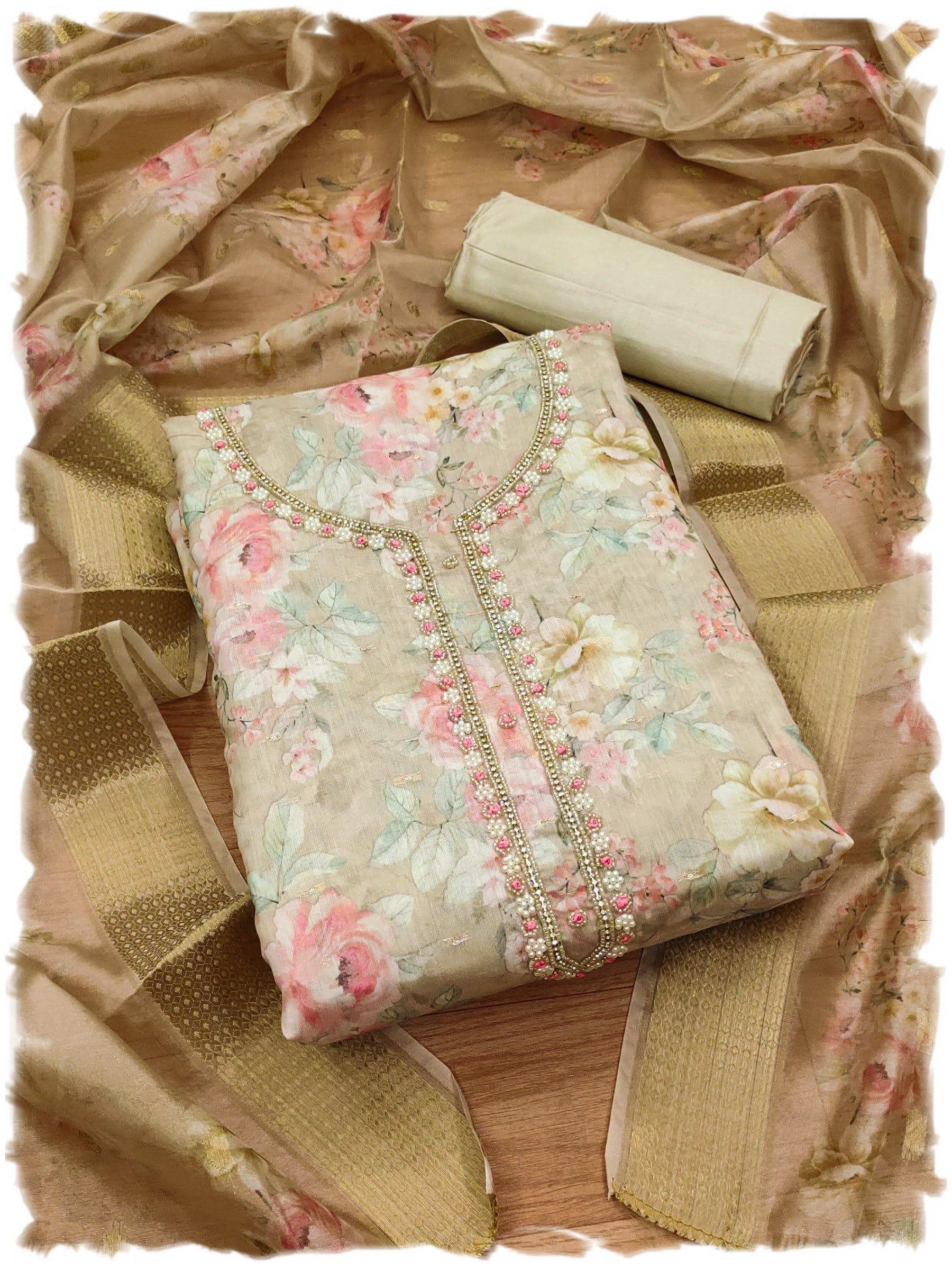 Pandadi Saree Women's Organza with Handwork Embellishments Unstitched Salwar Suit Dress Material