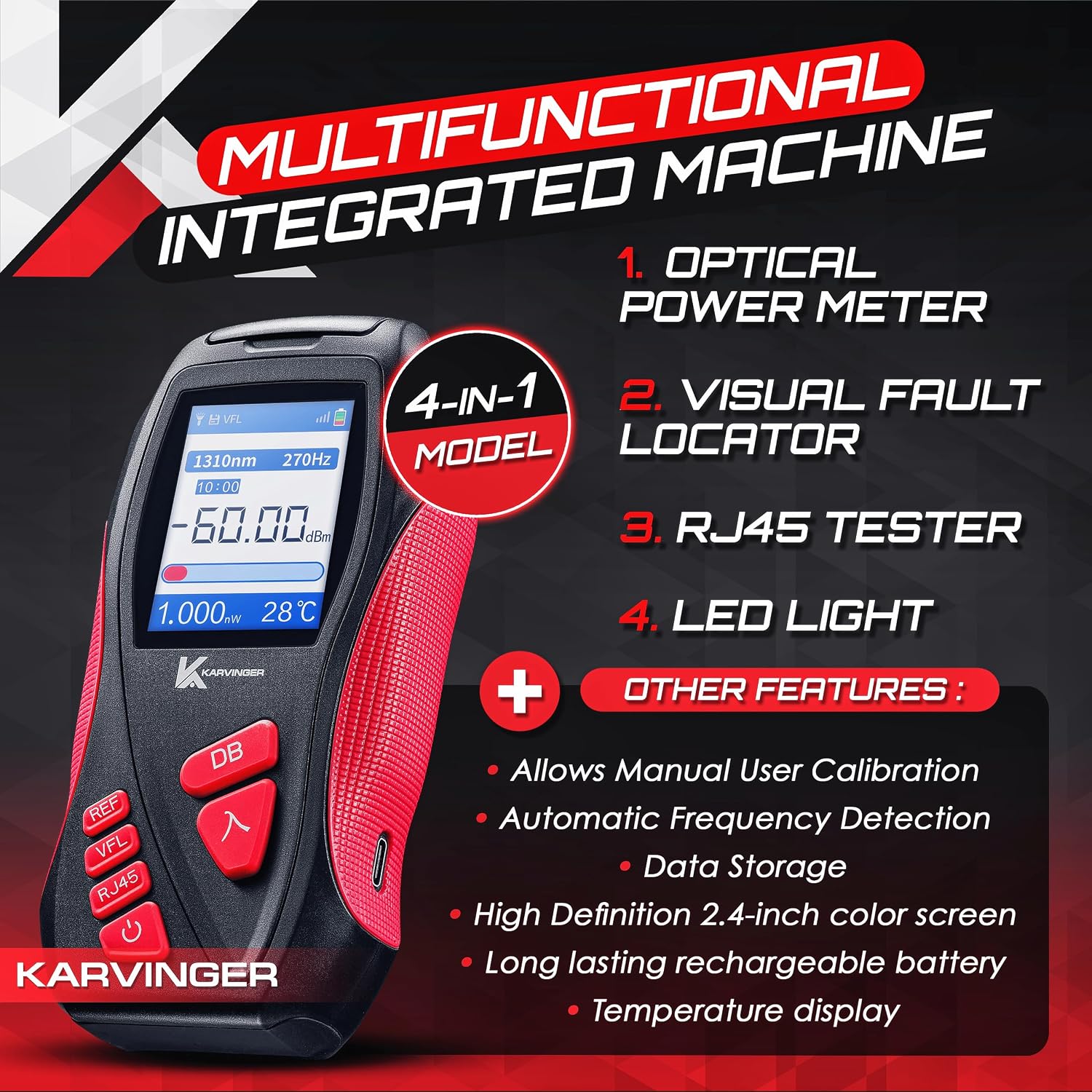 Optical Power Meter – 4-in-1 Fiber Optic Tool with VFL, RJ45 Tester & LED Light – Rechargeable Fiber Light Meter for 800–1700nm Signal Testing – Network Maintenance Device